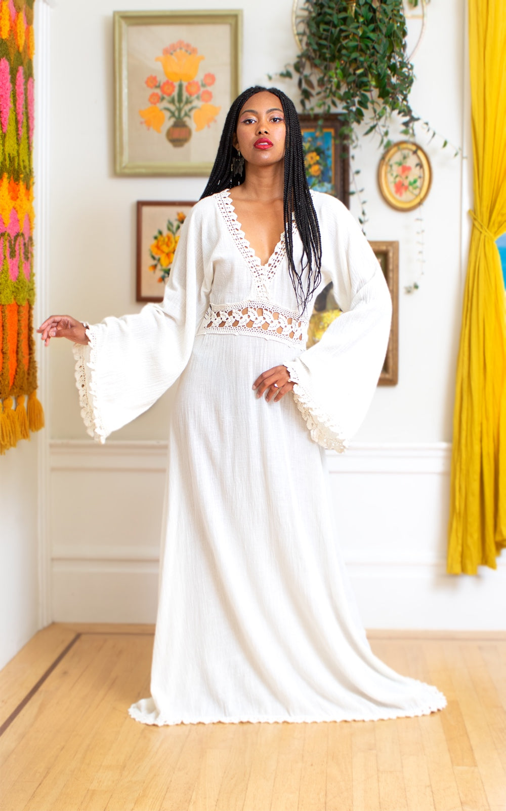 1970s Cotton Gauze & Crochet Wide Sleeve Maxi Dress