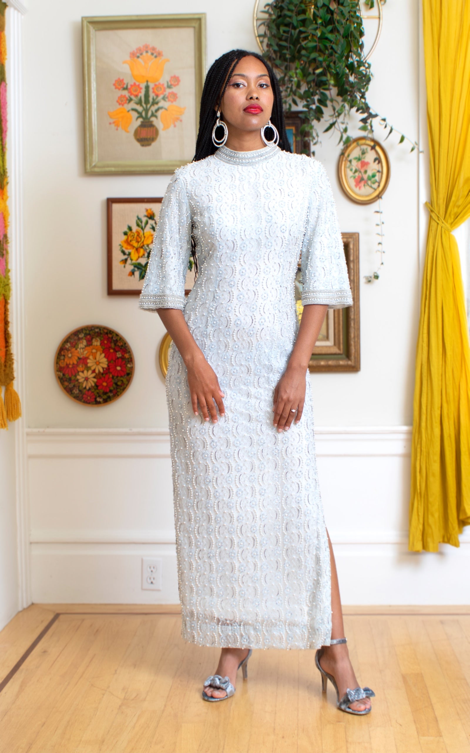 1960s Beaded Blue Lace Evening Gown