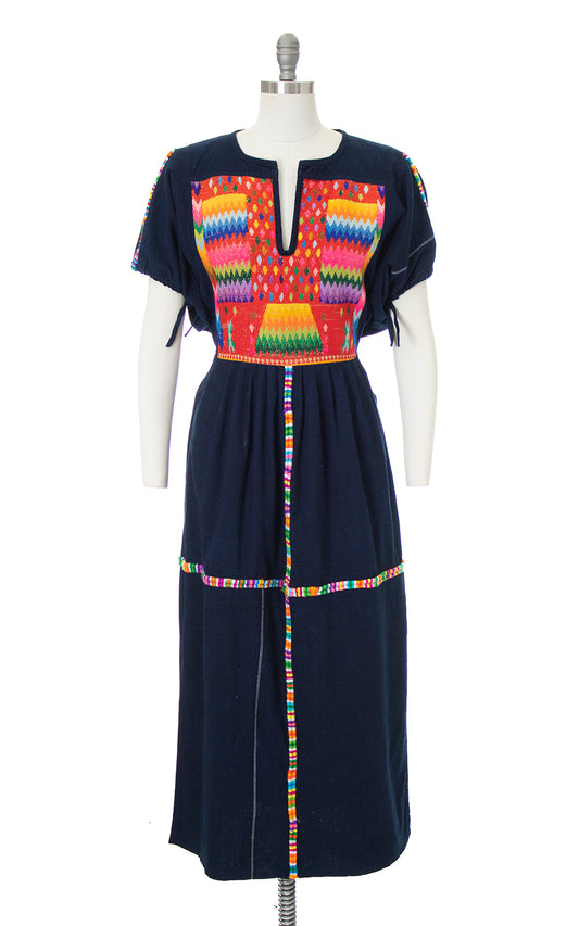 Vintage 1970s Rainbow Embroidered Guatemalan Huipil Maxi Dress by Birthday Life Vintage