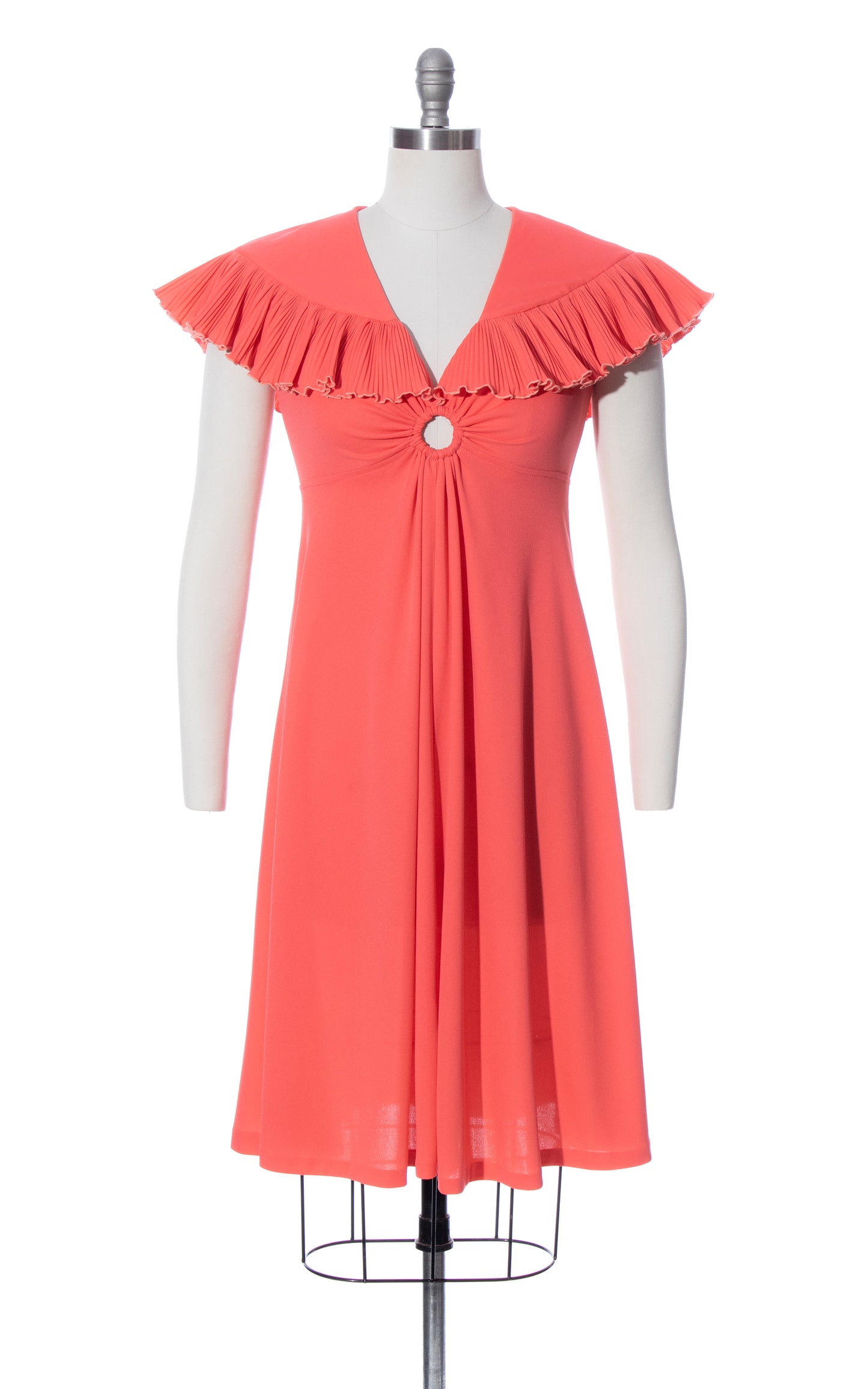 Vintage 70s 1970s Hot Peach Pleated Capelet Dress Birthday Life Vintage