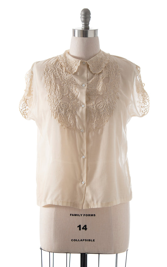 1980s Floral Embroidered Cotton Voile Blouse | large/x-large