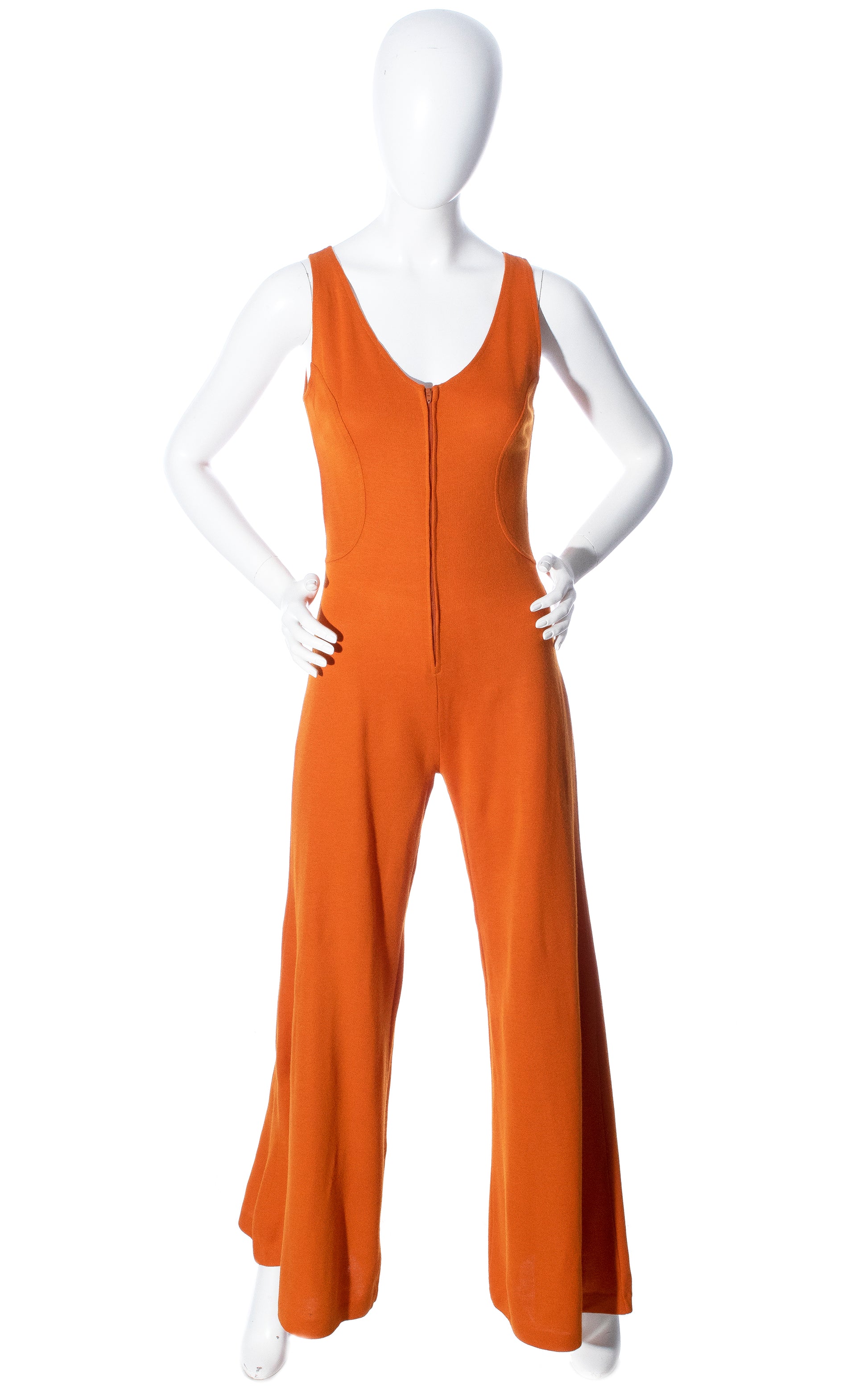 Vintage 70s 1970s Burnt Orange Jersey Knit Jumpsuit Birthday Life Vintage