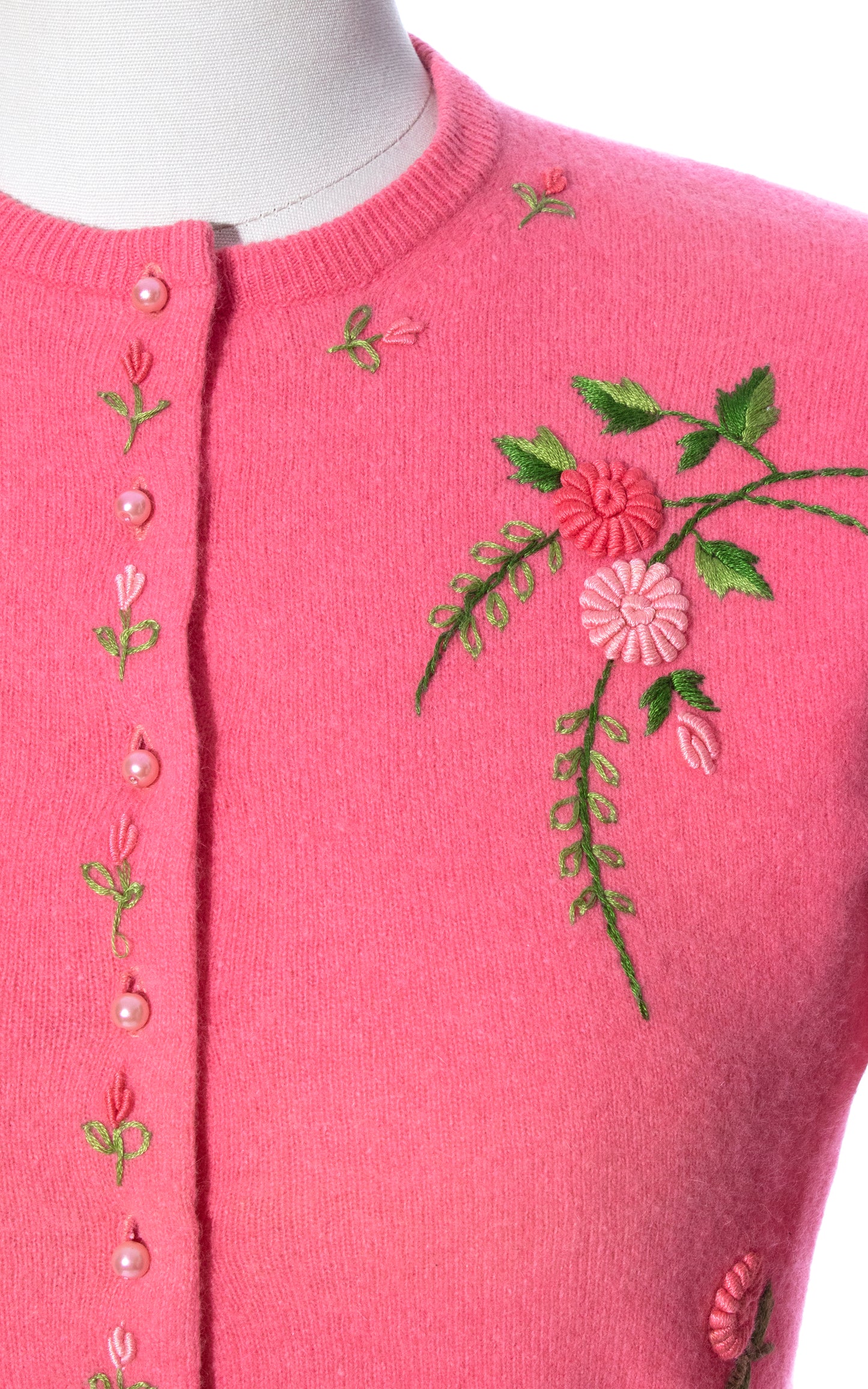 Vintage 50s 1950s Floral Hand Embroidered Wool Angora Knit Pink Cardigan Sweater Birthday Life Vintage