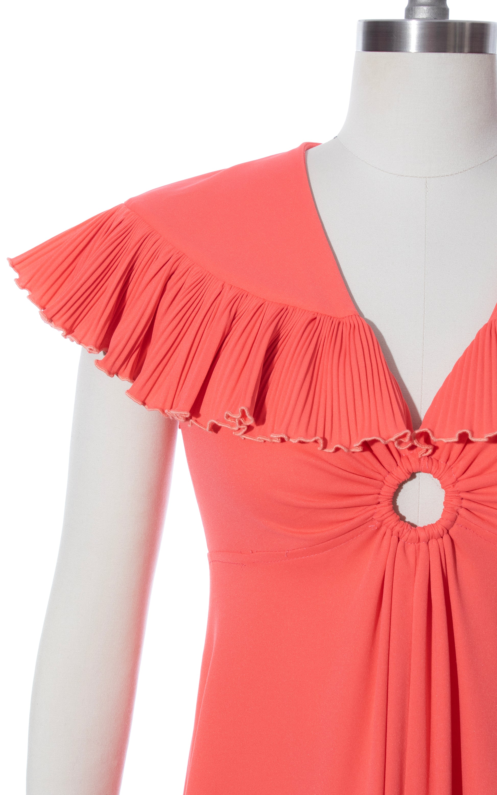 Vintage 70s 1970s Hot Peach Pleated Capelet Dress Birthday Life Vintage