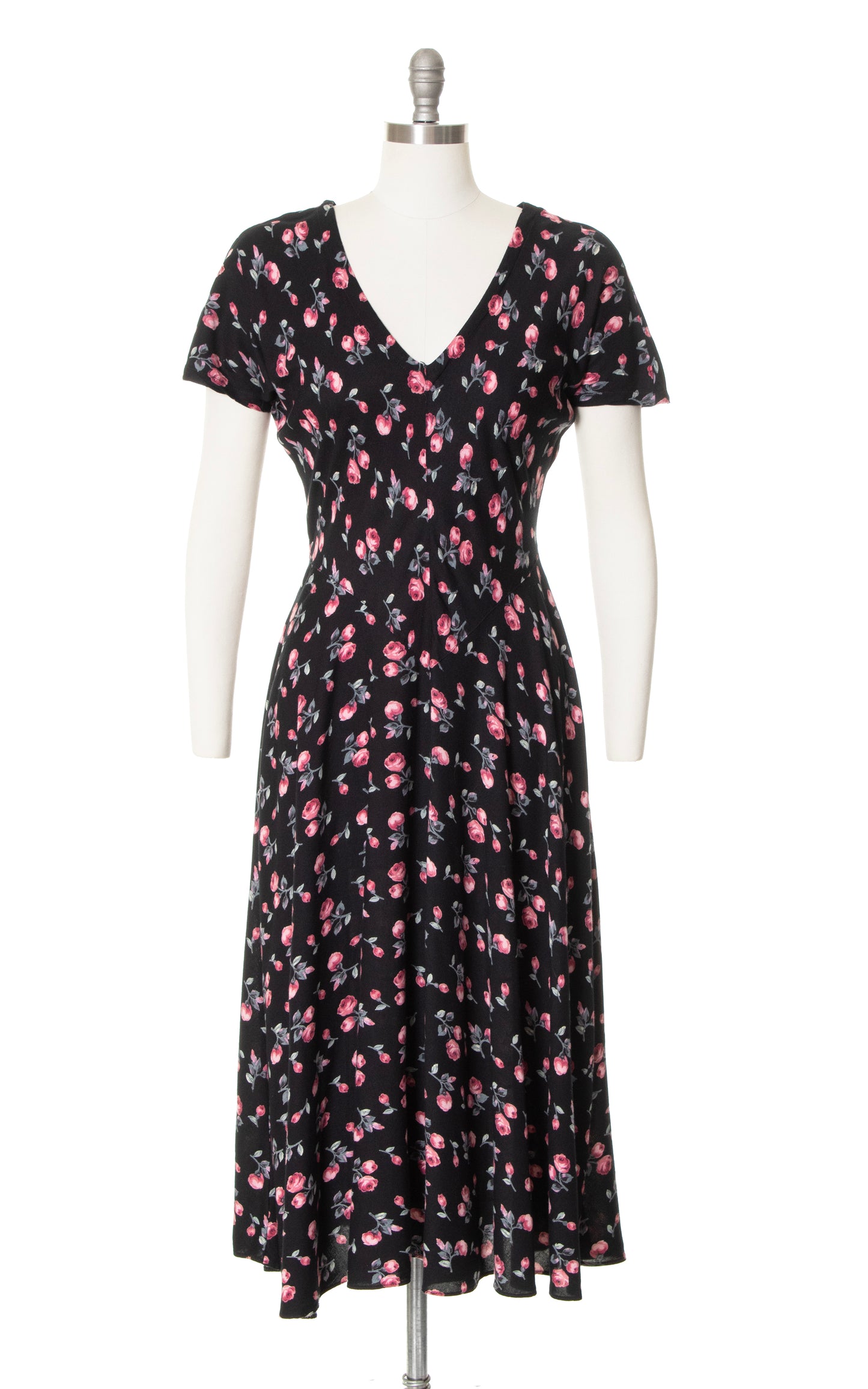 1980s Black Floral Bias Cut Rayon Midi Dress | small/medium