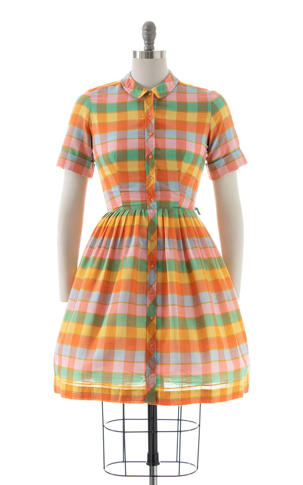 1950s 1960s Rainbow Plaid Shirtwaist Dress | small