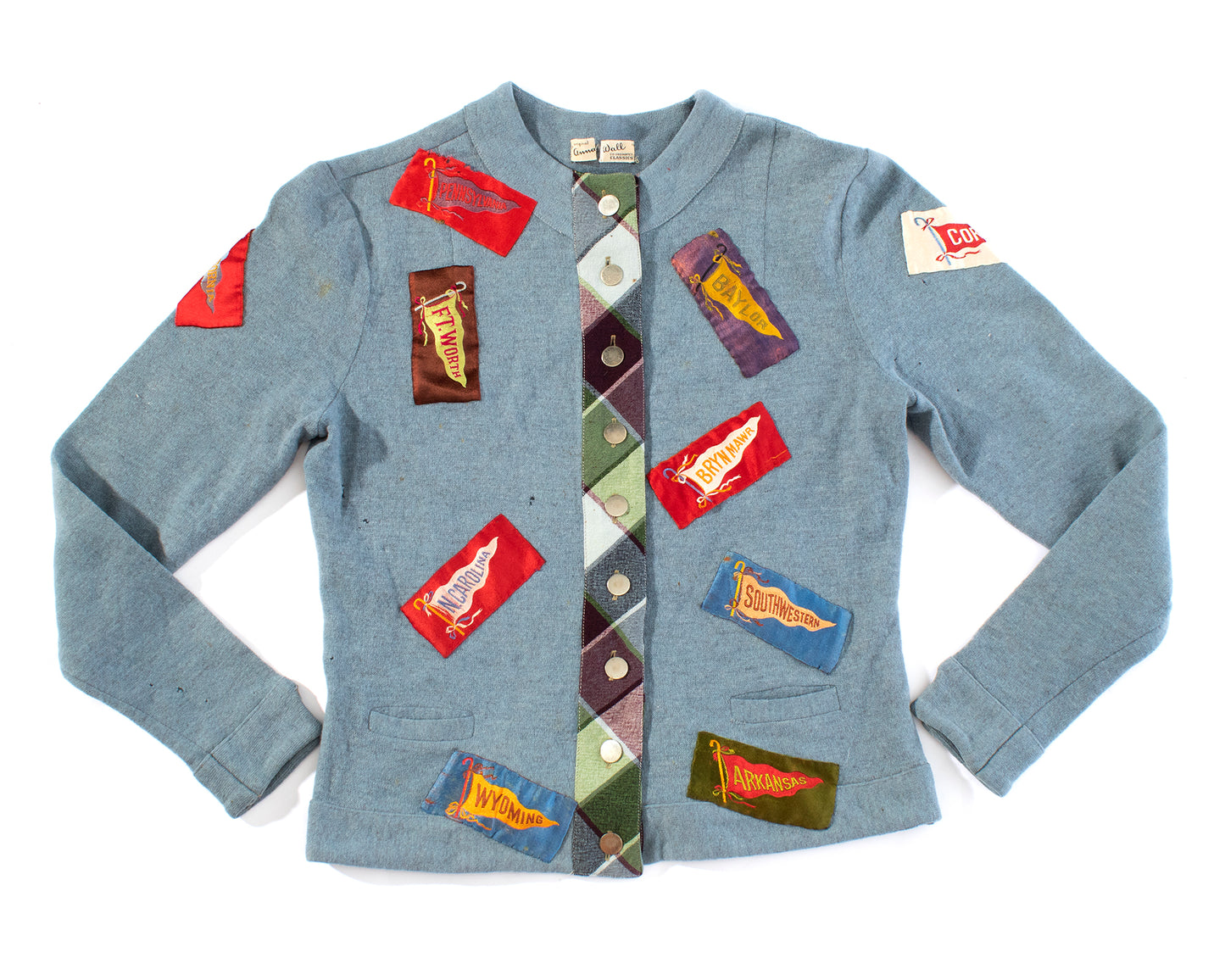 Vintage 40s 1940s Collegiate Novelty Print Appliqué Wool Blue Cardigan Birthday Life Vintage