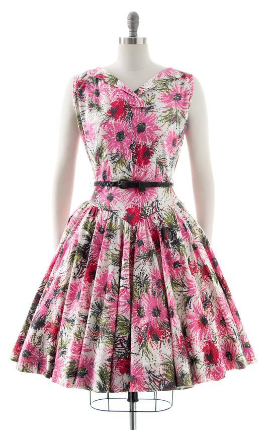 1950s Floral Drop Waist Circle Skirt Dress | medium