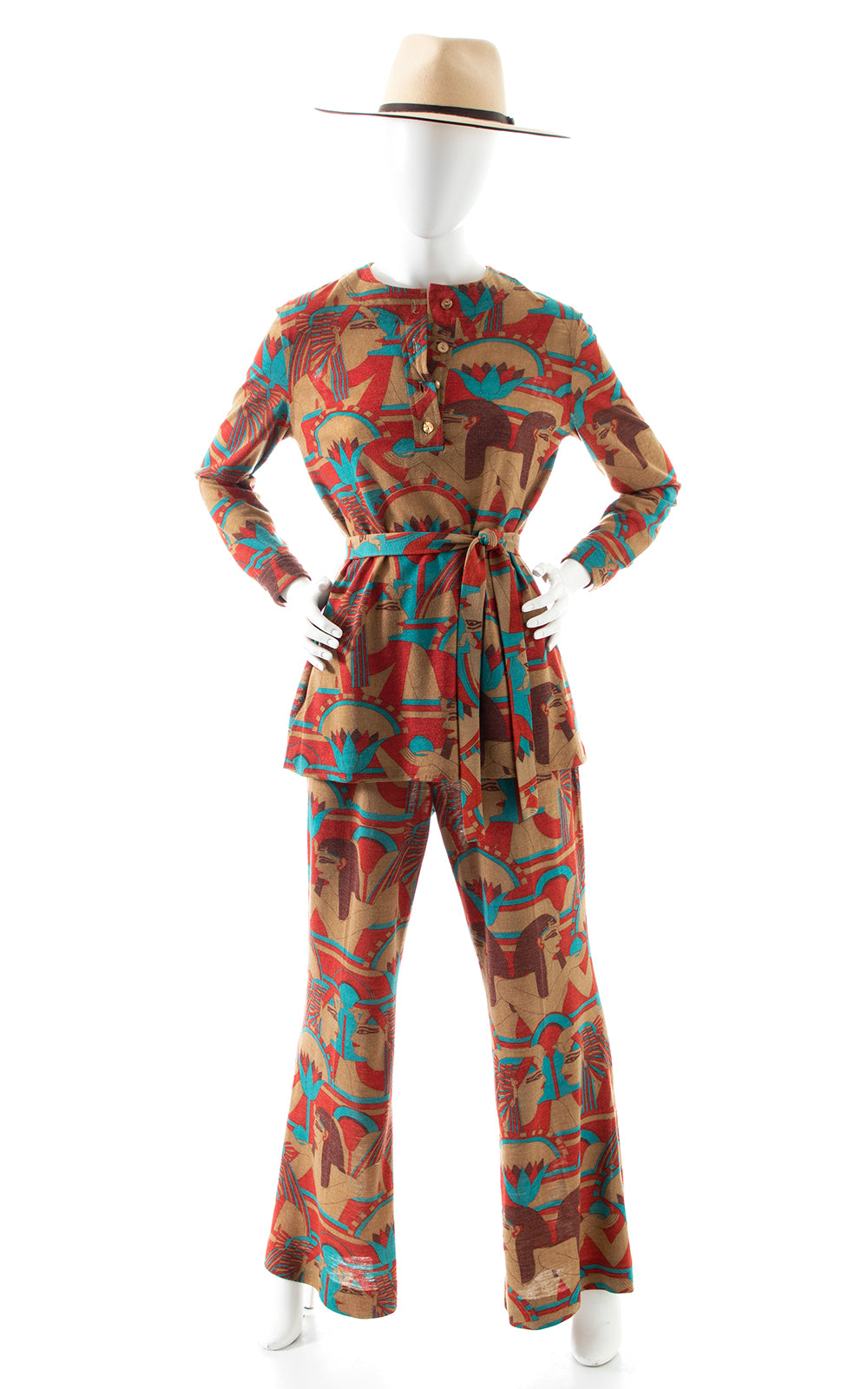 1970s Egyptian Novelty Print Jersey Pant Set | x-small/small/medium