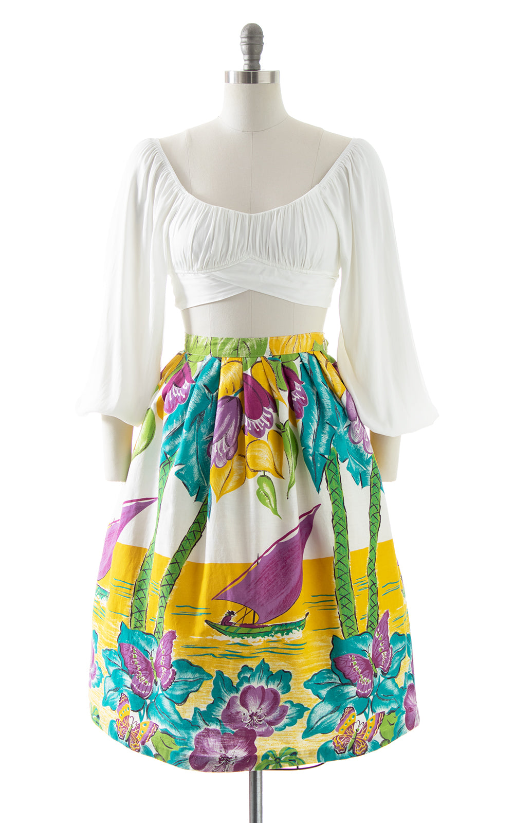 1950s Tropical Island Novelty Border Print Skirt | small/medium