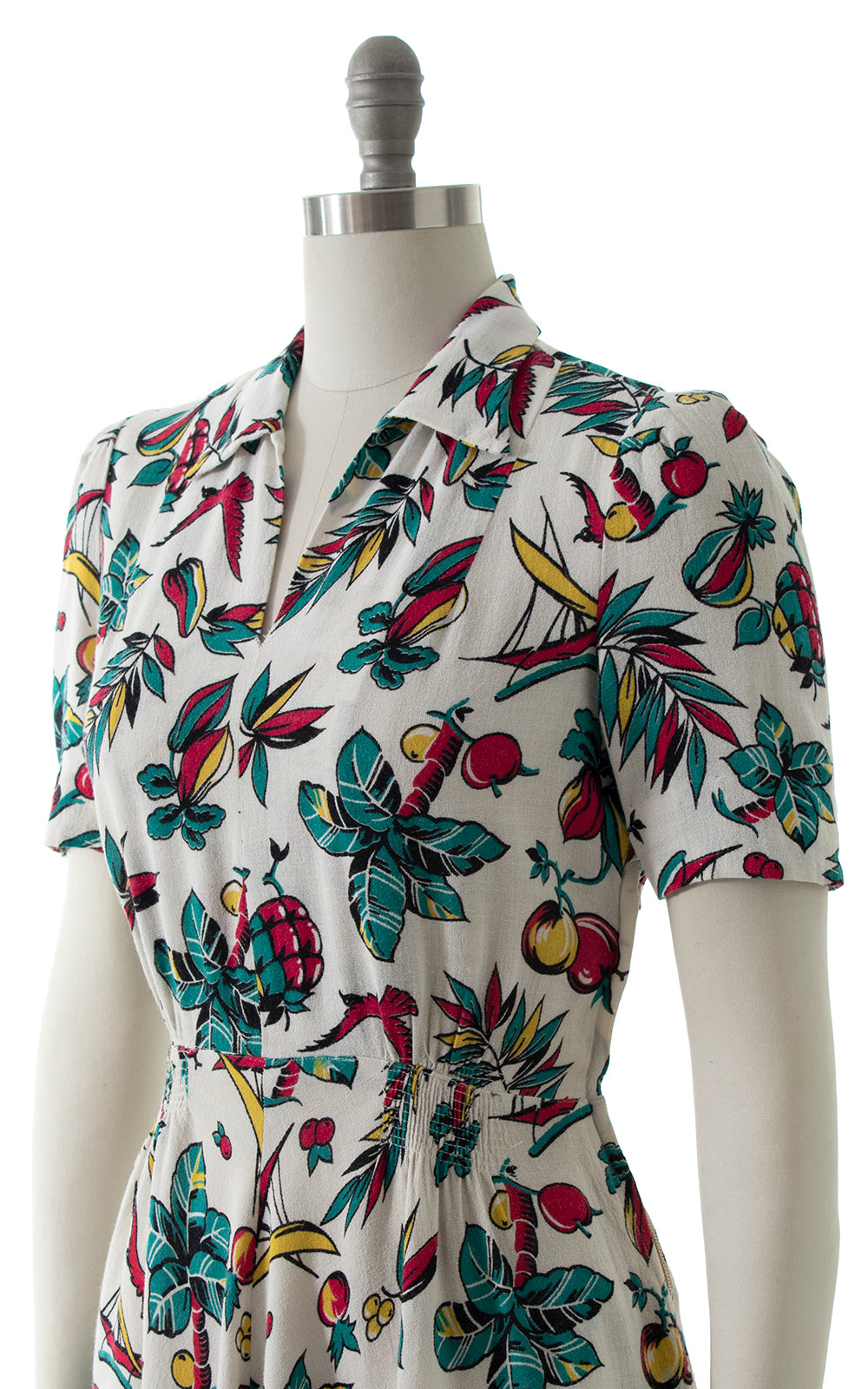 1940s Tropical Novelty Print Rayon Day Dress BirthdayLifeVintage
