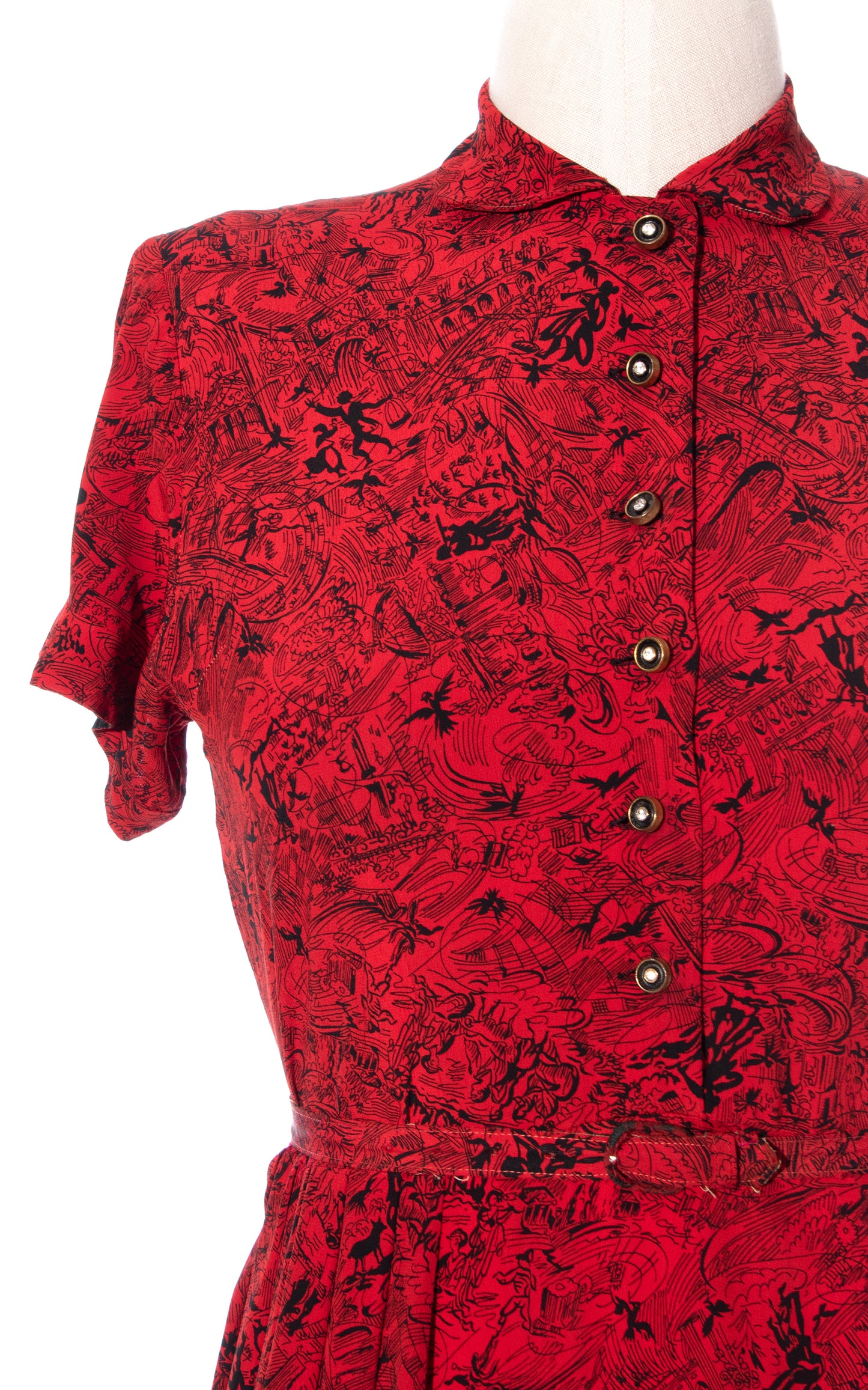 Vintage 40s 1940s People Novelty Print Red Rayon Shirtwaist Dress BirthdayLifeVintage