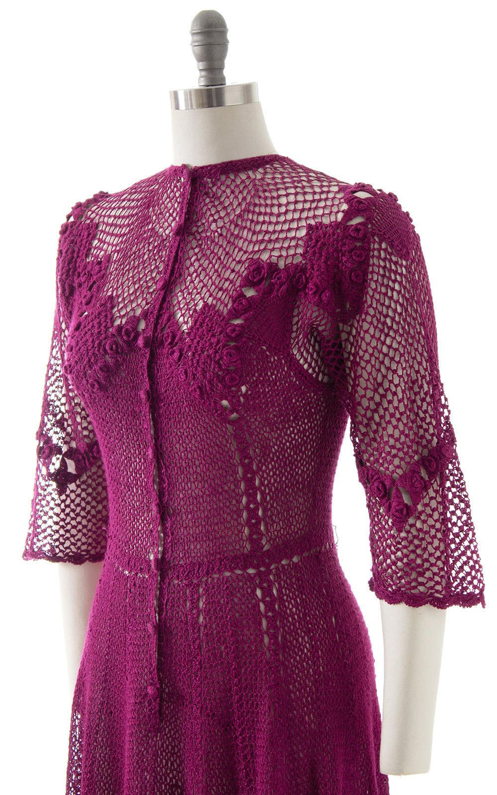 1970s Open Crochet Shirtwaist Dress | small