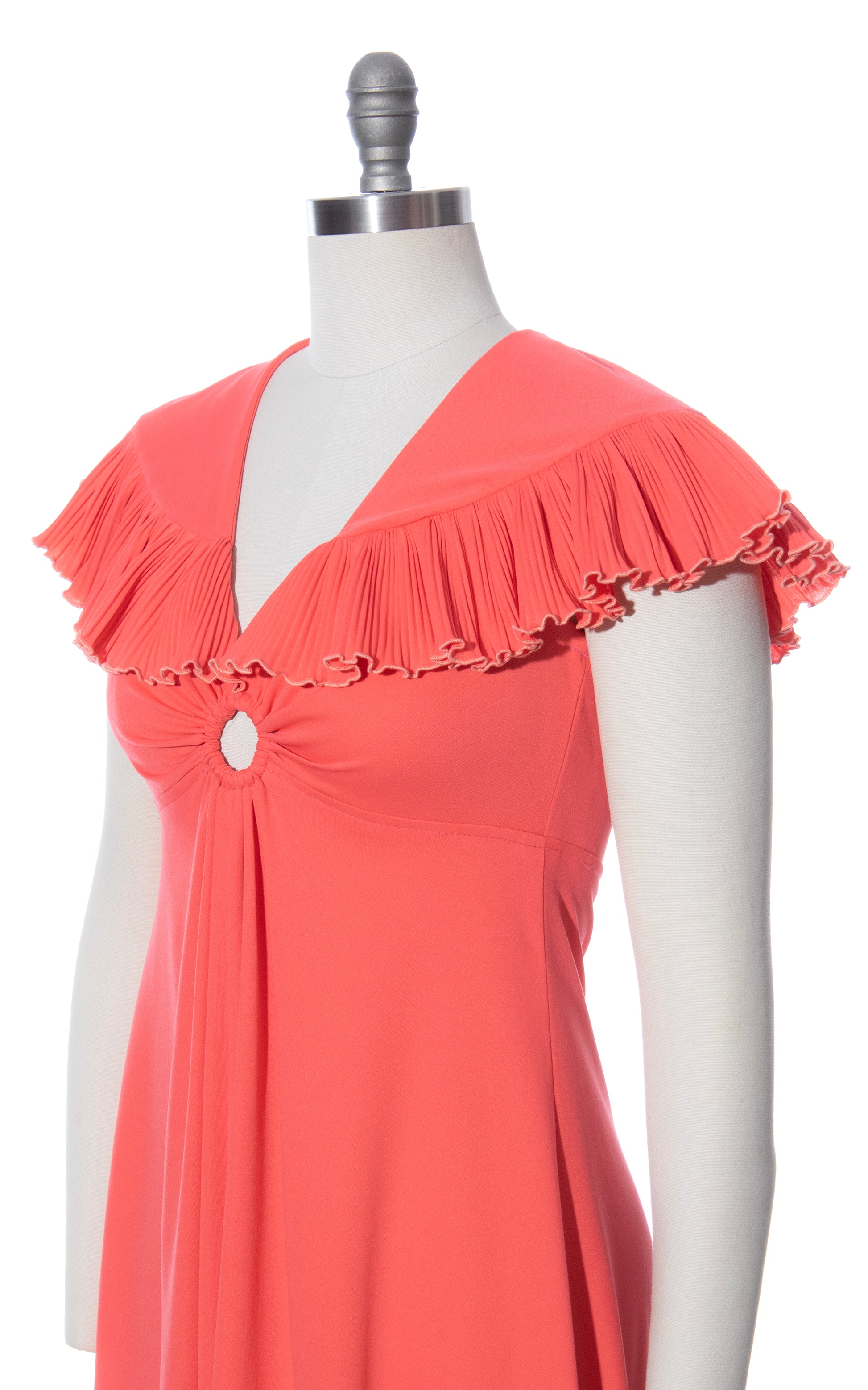 Vintage 70s 1970s Hot Peach Pleated Capelet Dress Birthday Life Vintage