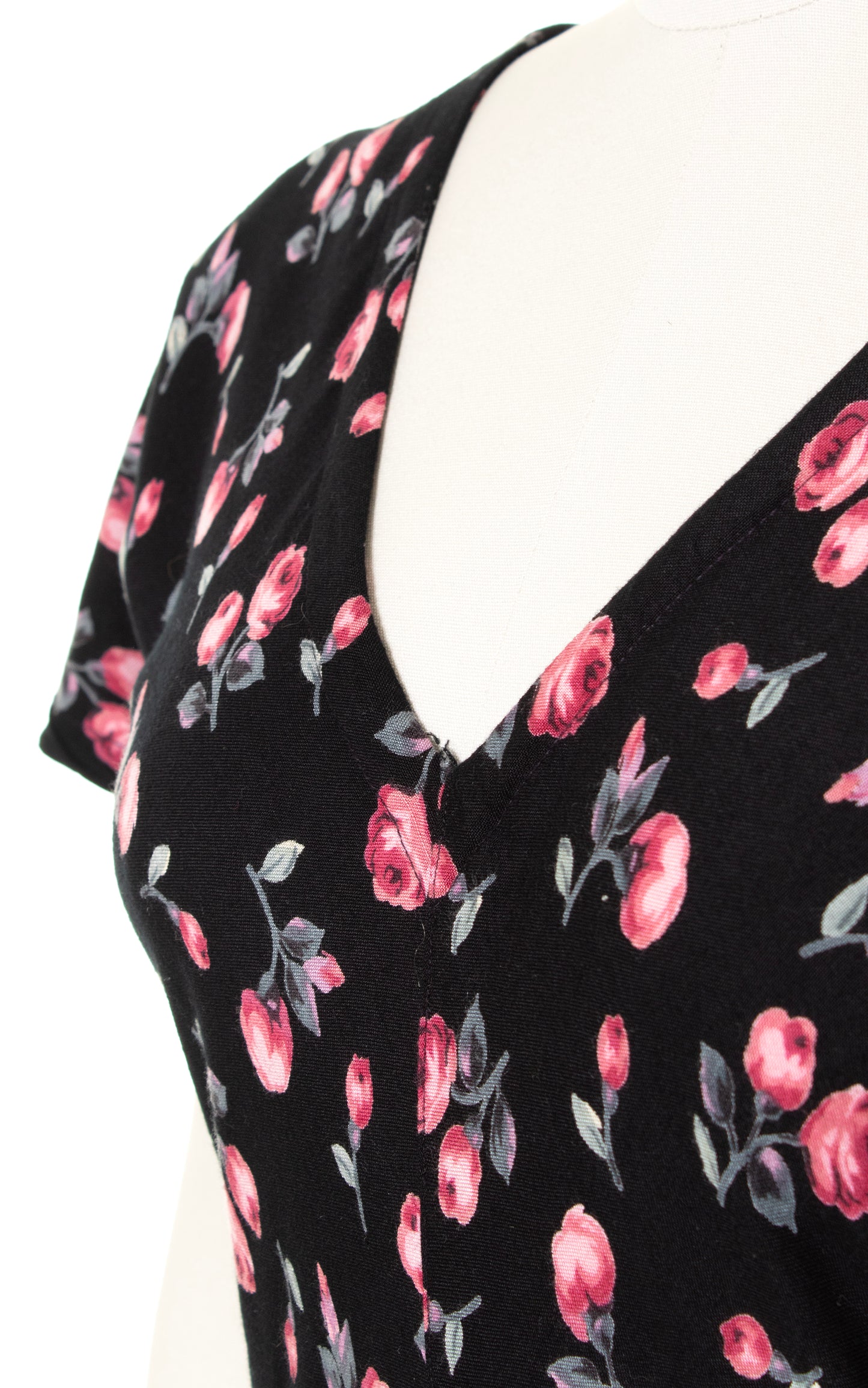 1980s Black Floral Bias Cut Rayon Midi Dress | small/medium