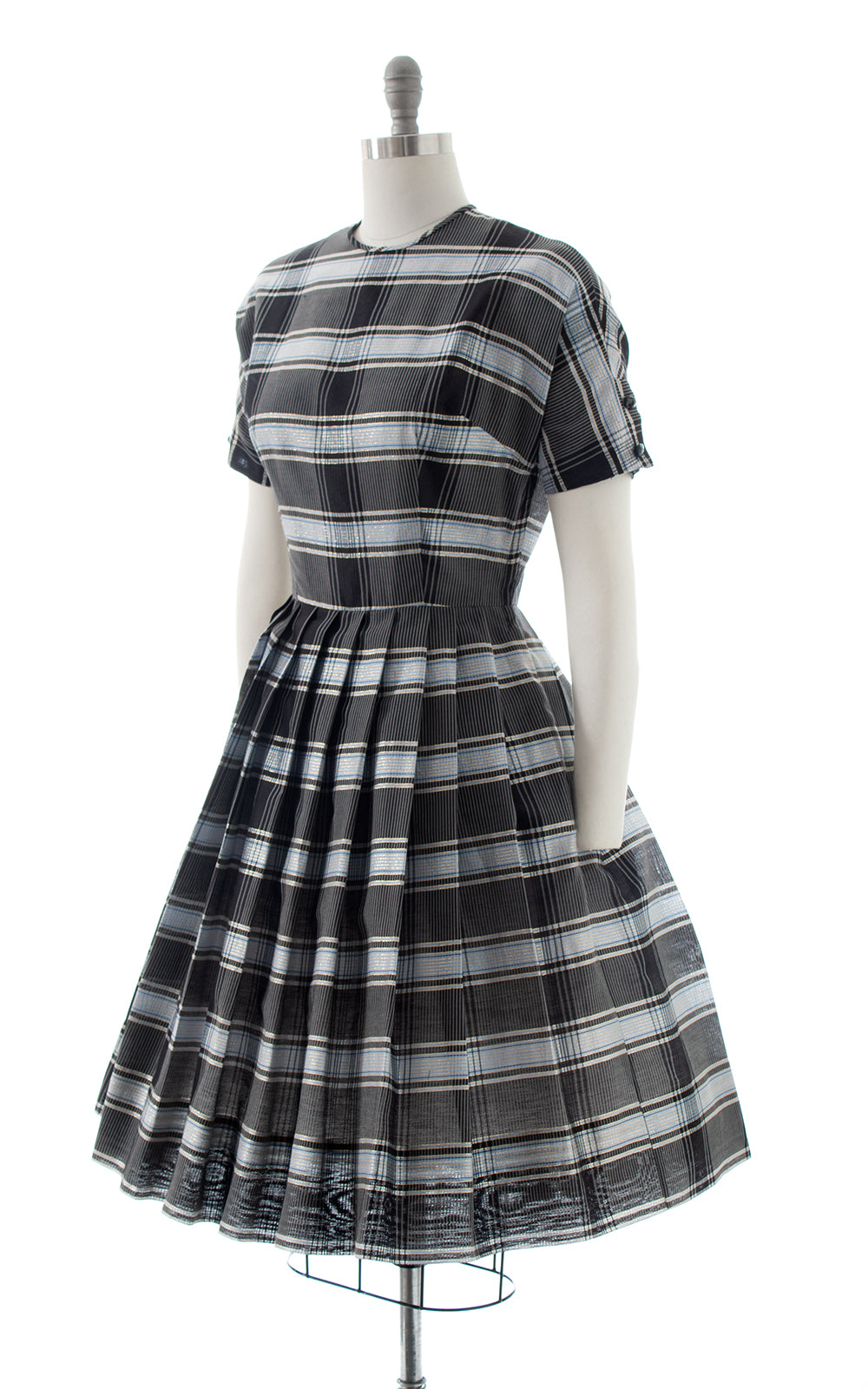 1950s Metallic Plaid Button Back Dress | small
