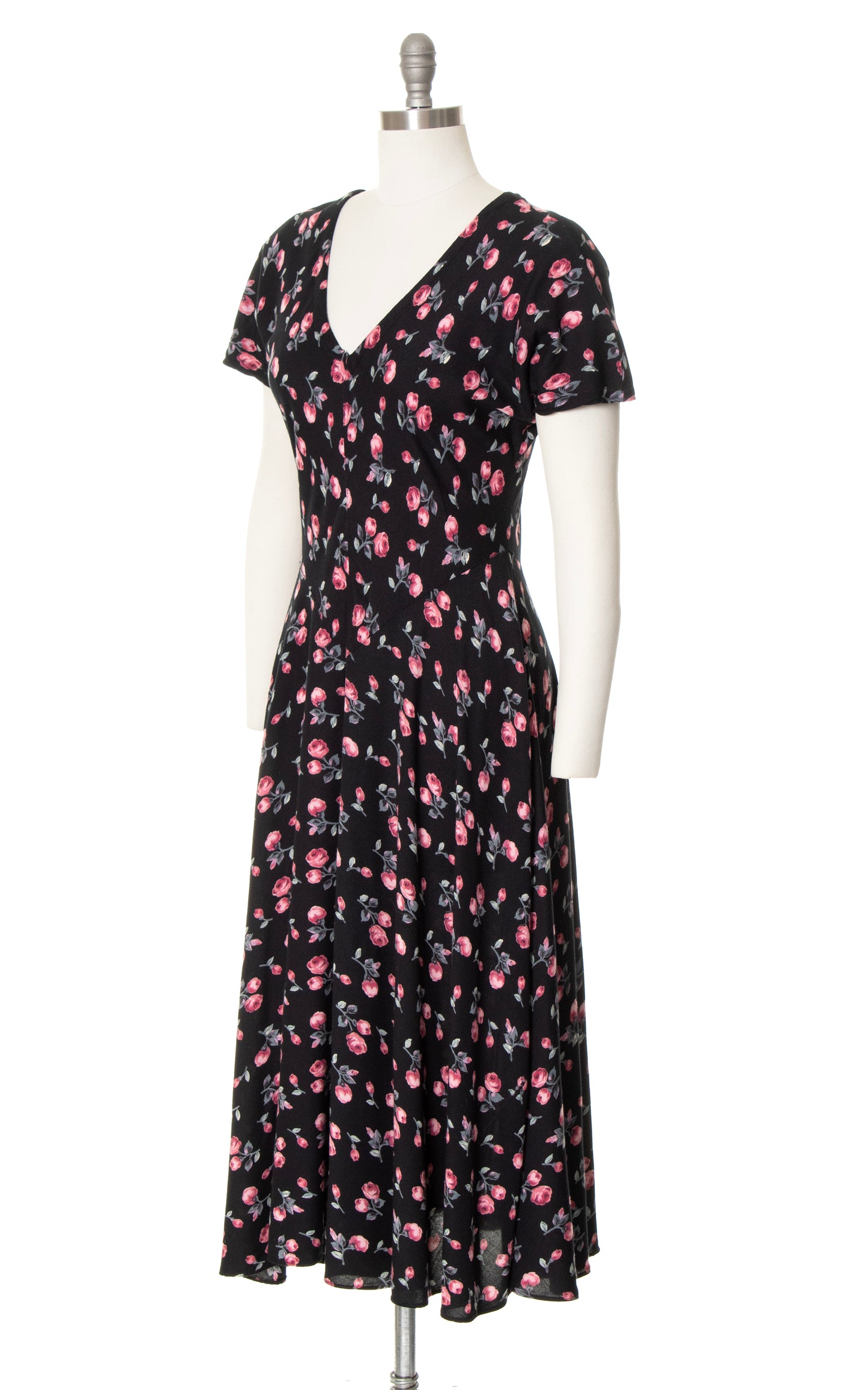 1980s Black Floral Bias Cut Rayon Midi Dress | small/medium