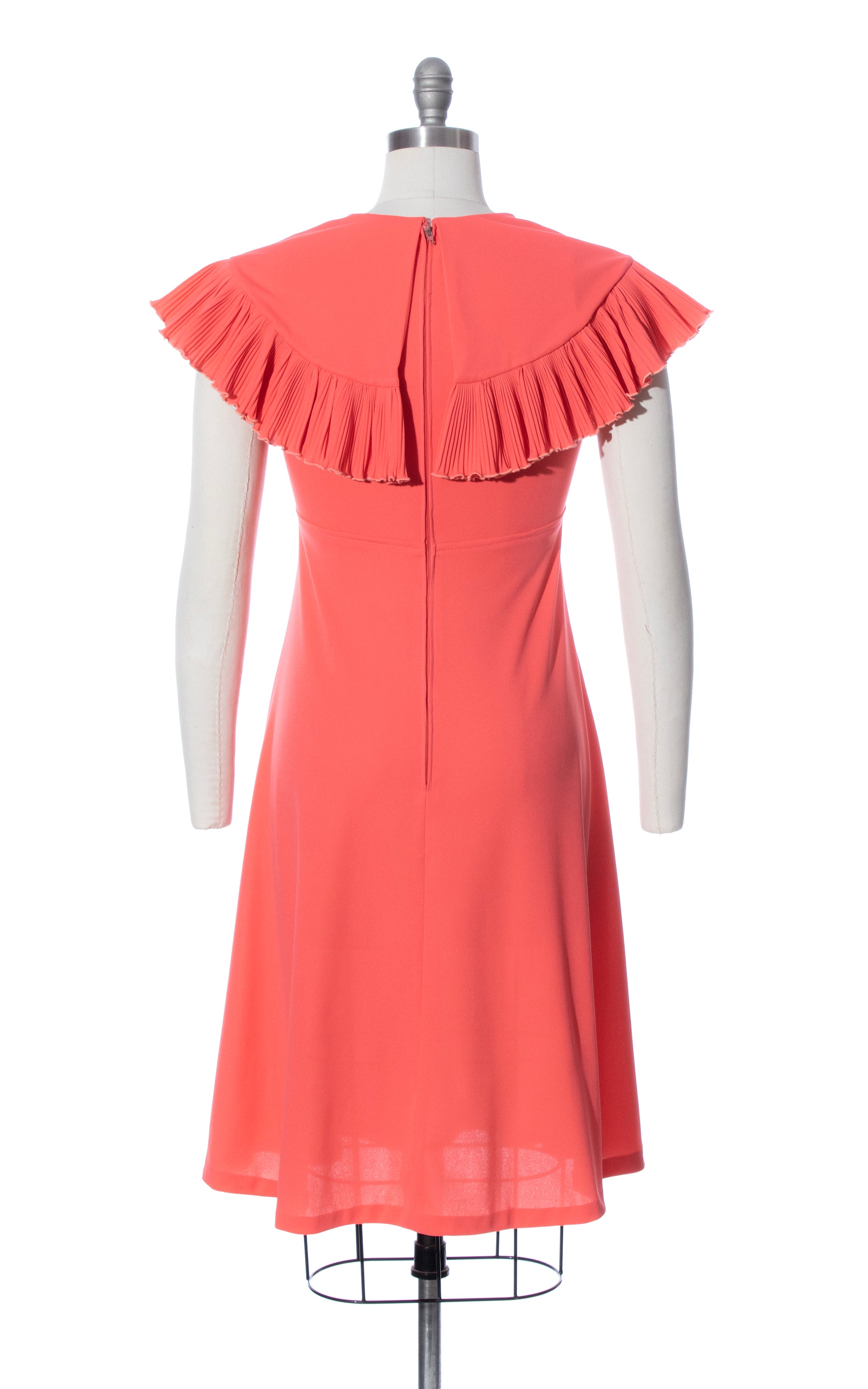 1970s Hot Peach Pleated Capelet Dress 1970s Hot Peach Pleated Capelet Dress