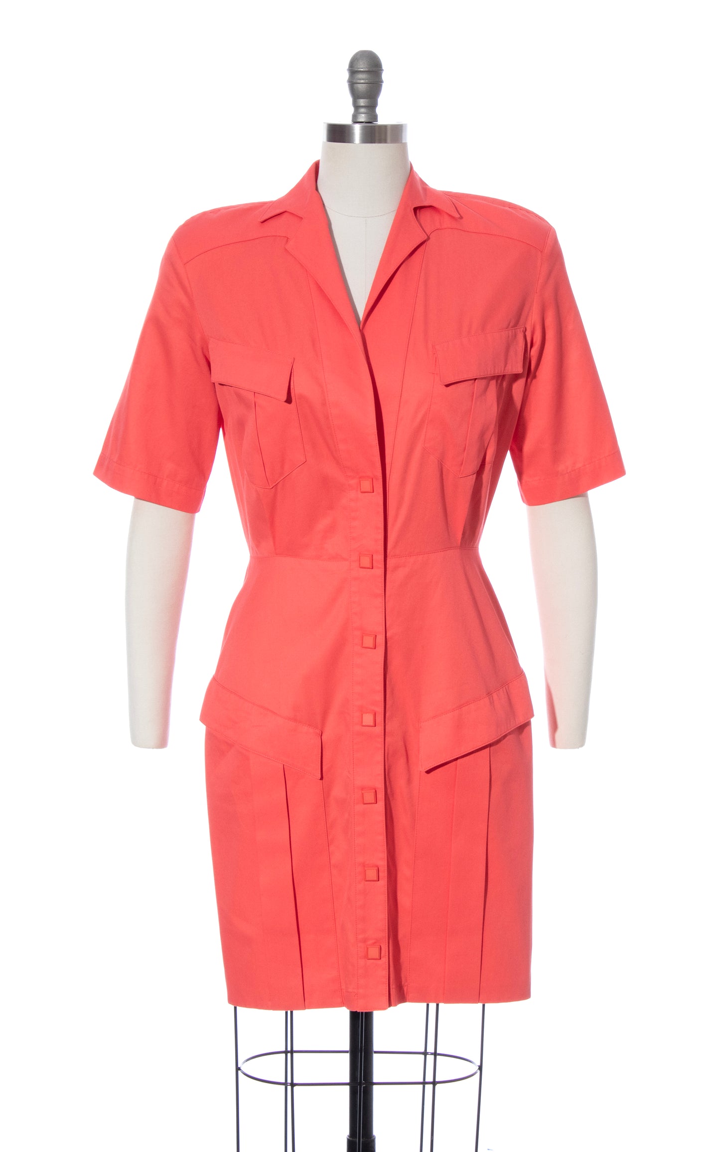 Vintage 80s 1980s THIERRY MUGLER Salmon Pink Cotton Wiggle Dress with Pockets BirthdayLifeVintage