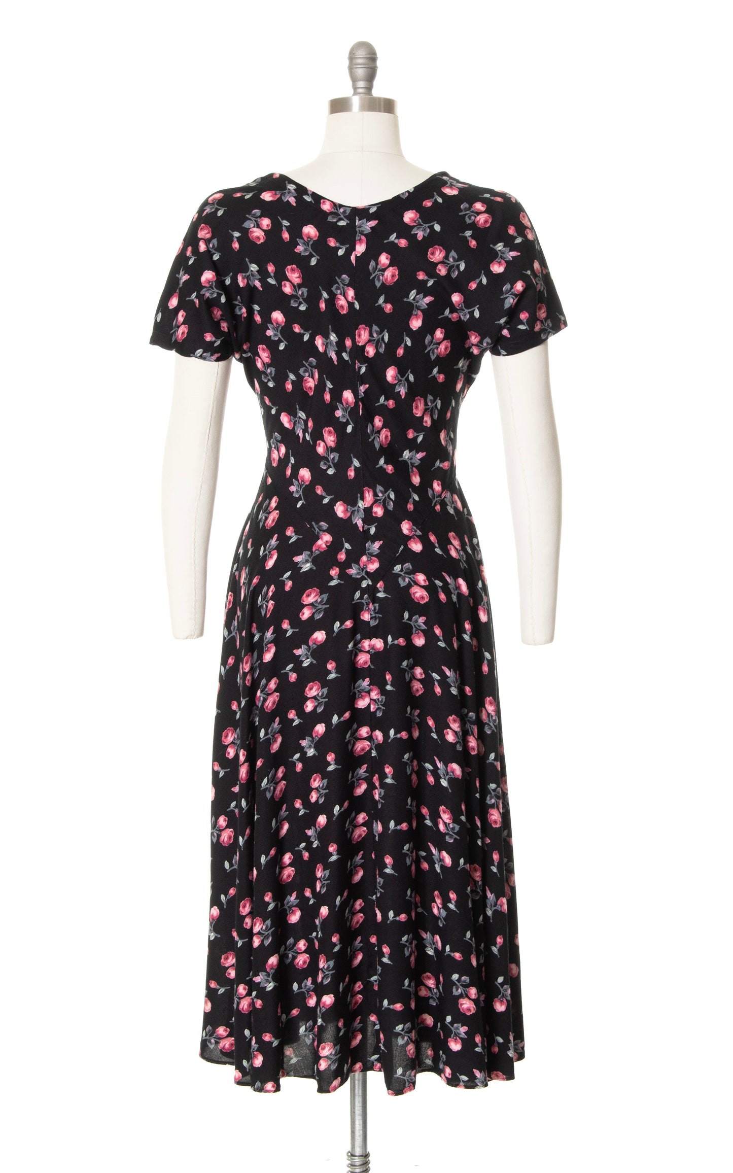 1980s Black Floral Bias Cut Rayon Midi Dress | small/medium