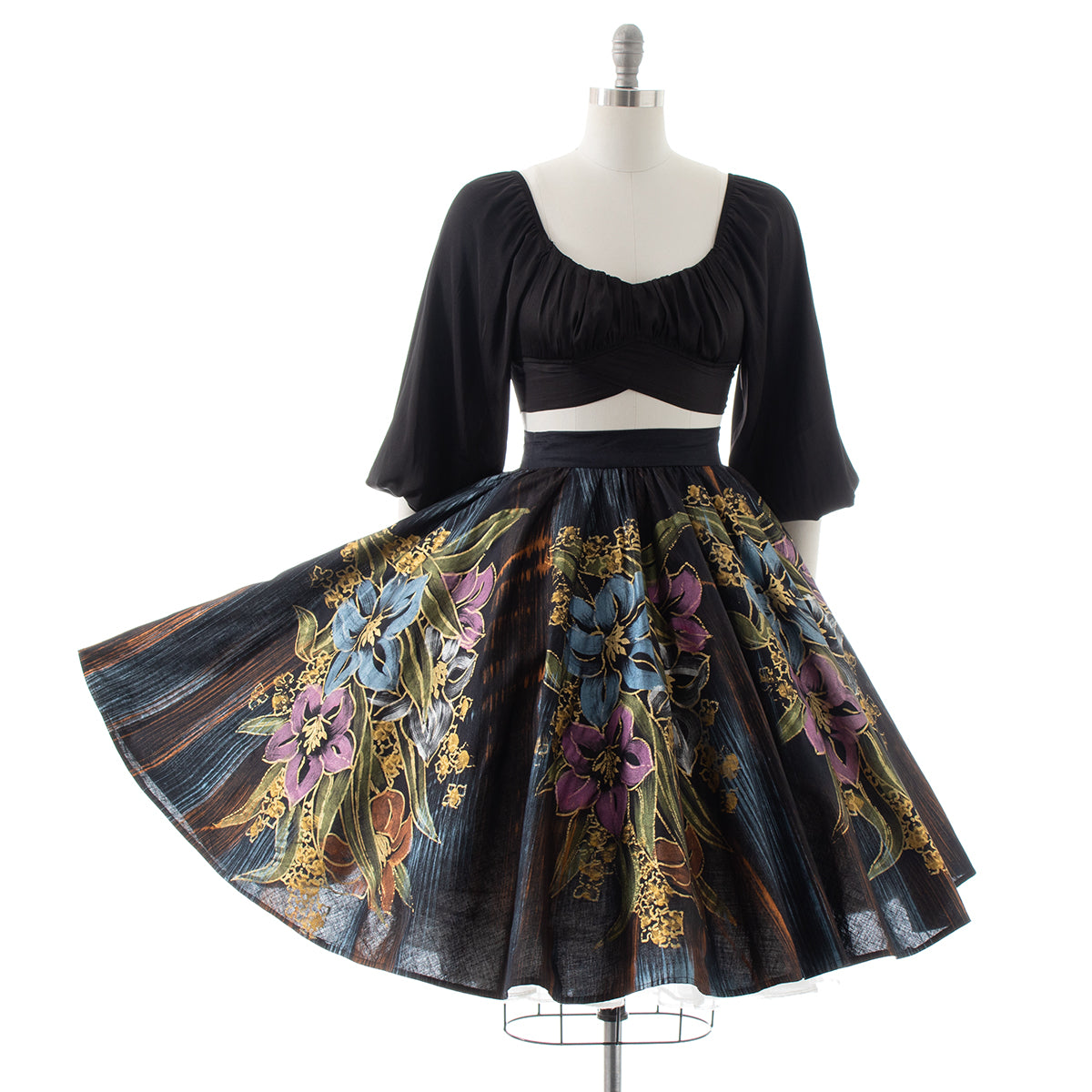 1950s Mexican Hand-Painted Metallic Floral Circle Skirt BirthdayLifeVintage