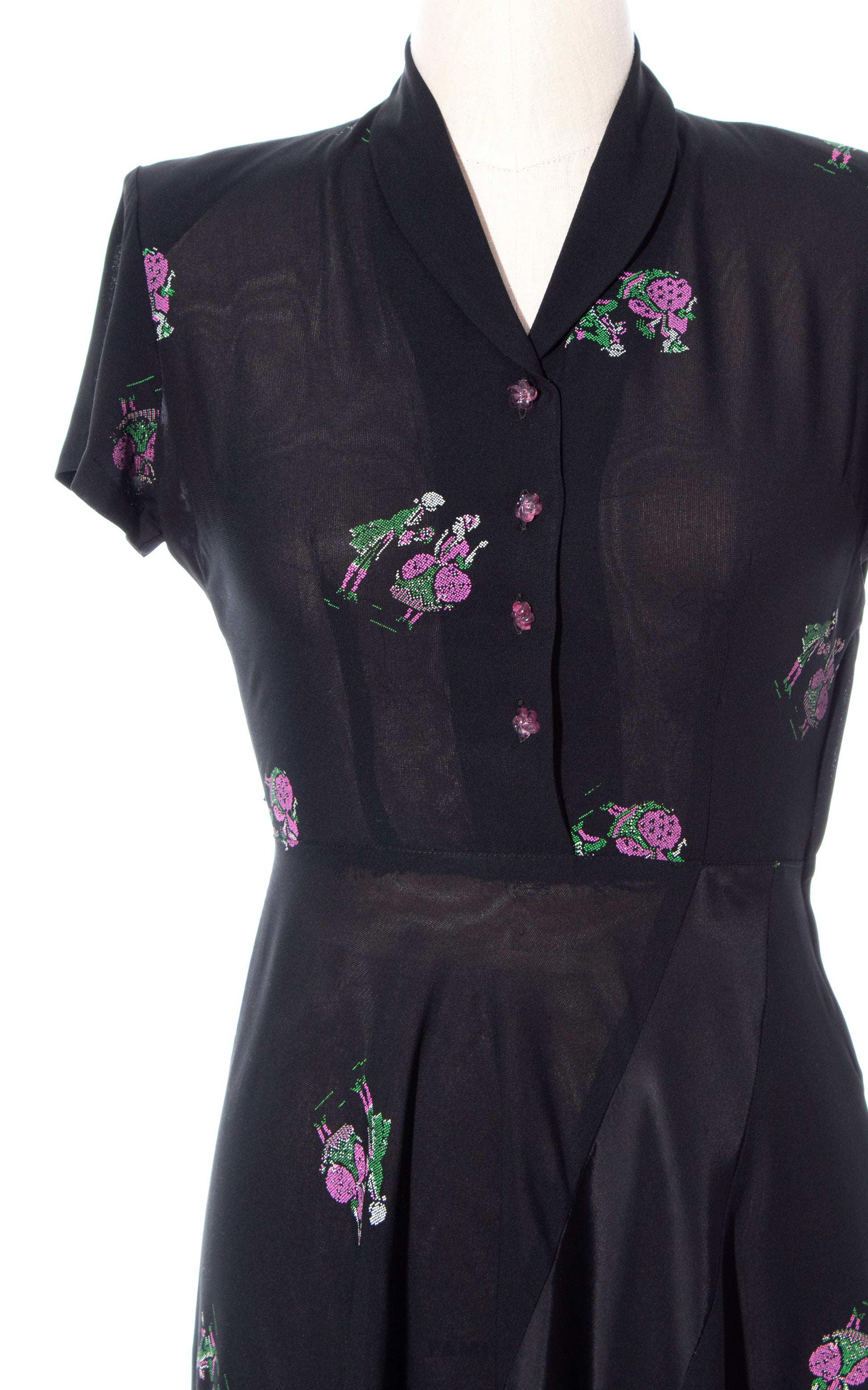 Vintage 40s 1940s Wedding Proposal Novelty Print Black Rayon Shirtwaist Dress BirthdayLifeVintage