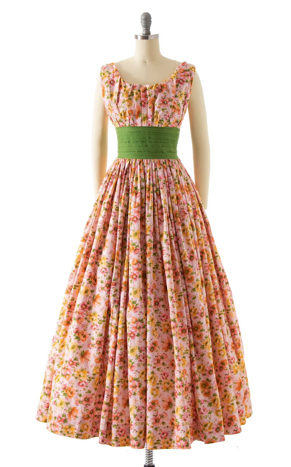 Vintage 1950s 50s Pink Floral Print Cotton Maxi Full Length Day Dress Sundress Birthday Life Vintage