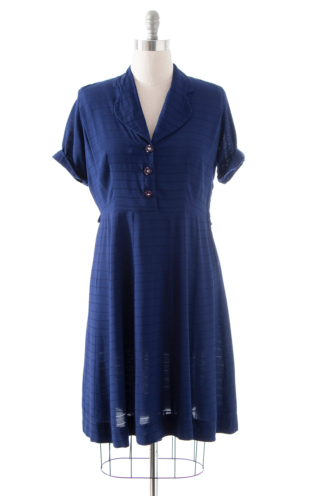 1940s Navy Blue Cotton Rayon Shirtwaist Dress | x-large