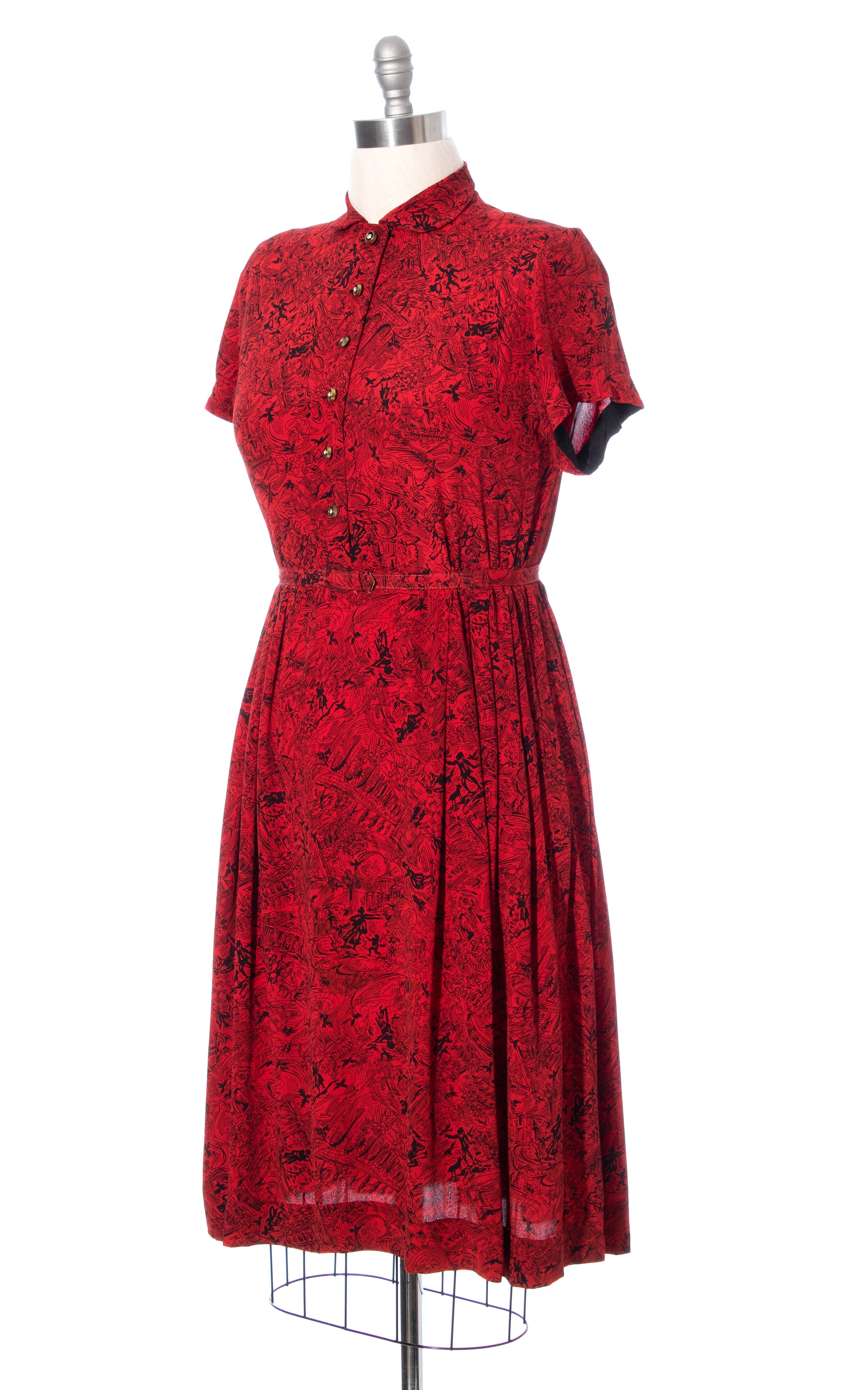 Vintage 40s 1940s People Novelty Print Red Rayon Shirtwaist Dress BirthdayLifeVintage