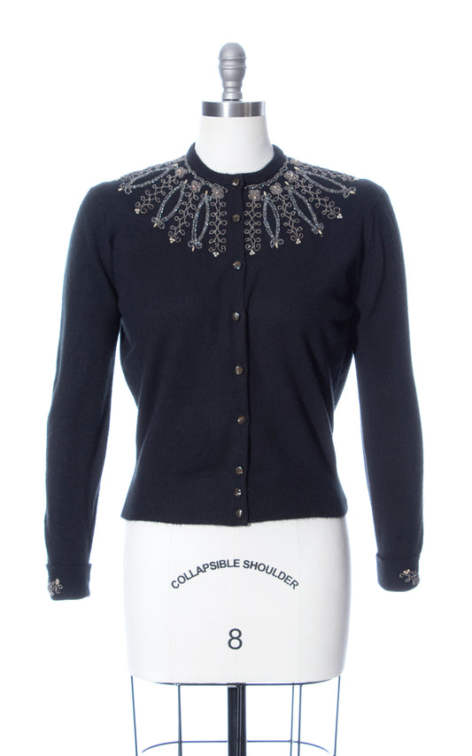 Vintage 50s 1950s Darlene Beaded Black Acrylic Knit Cardigan Sweater Birthday Life Vintage