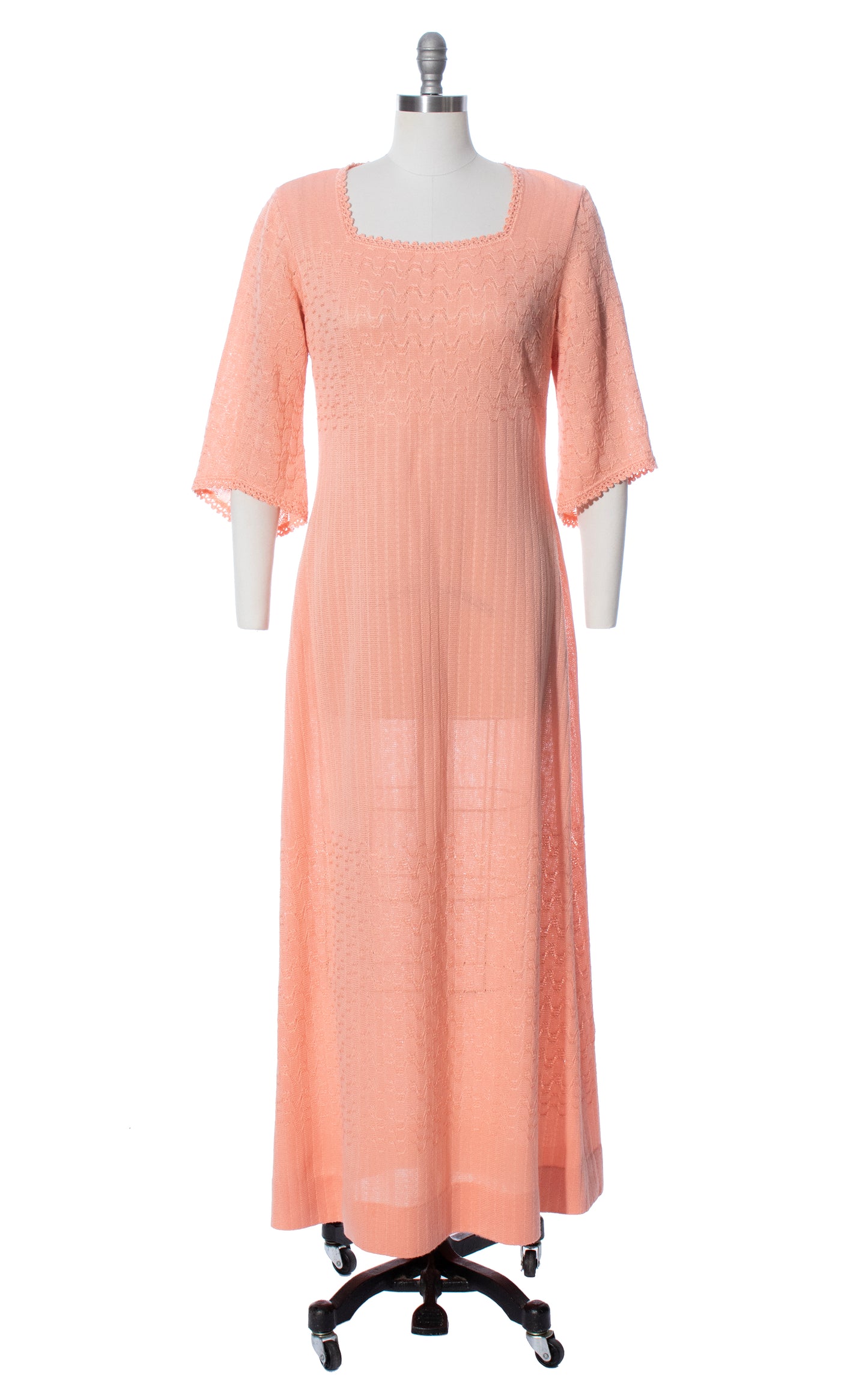 Vintage 70s 1970s Peach Knit Maxi Dress Birthday Life Vintage