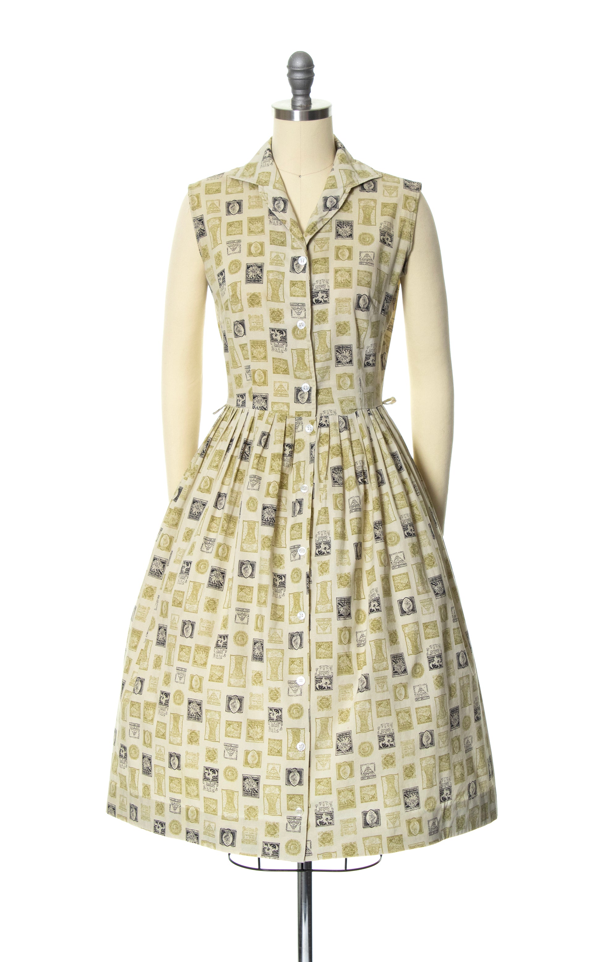 Vintage 50s 1950s Stamps Novelty Print Shirtwaist Day Dress Cotton Sundress BirthdayLifeVintage