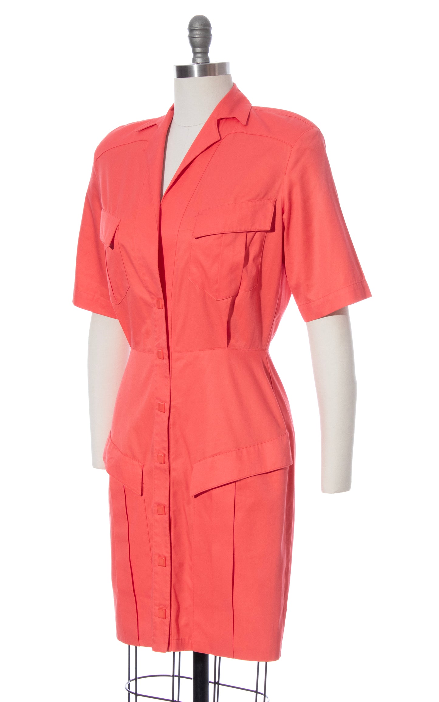 Vintage 80s 1980s THIERRY MUGLER Salmon Pink Cotton Wiggle Dress with Pockets BirthdayLifeVintage