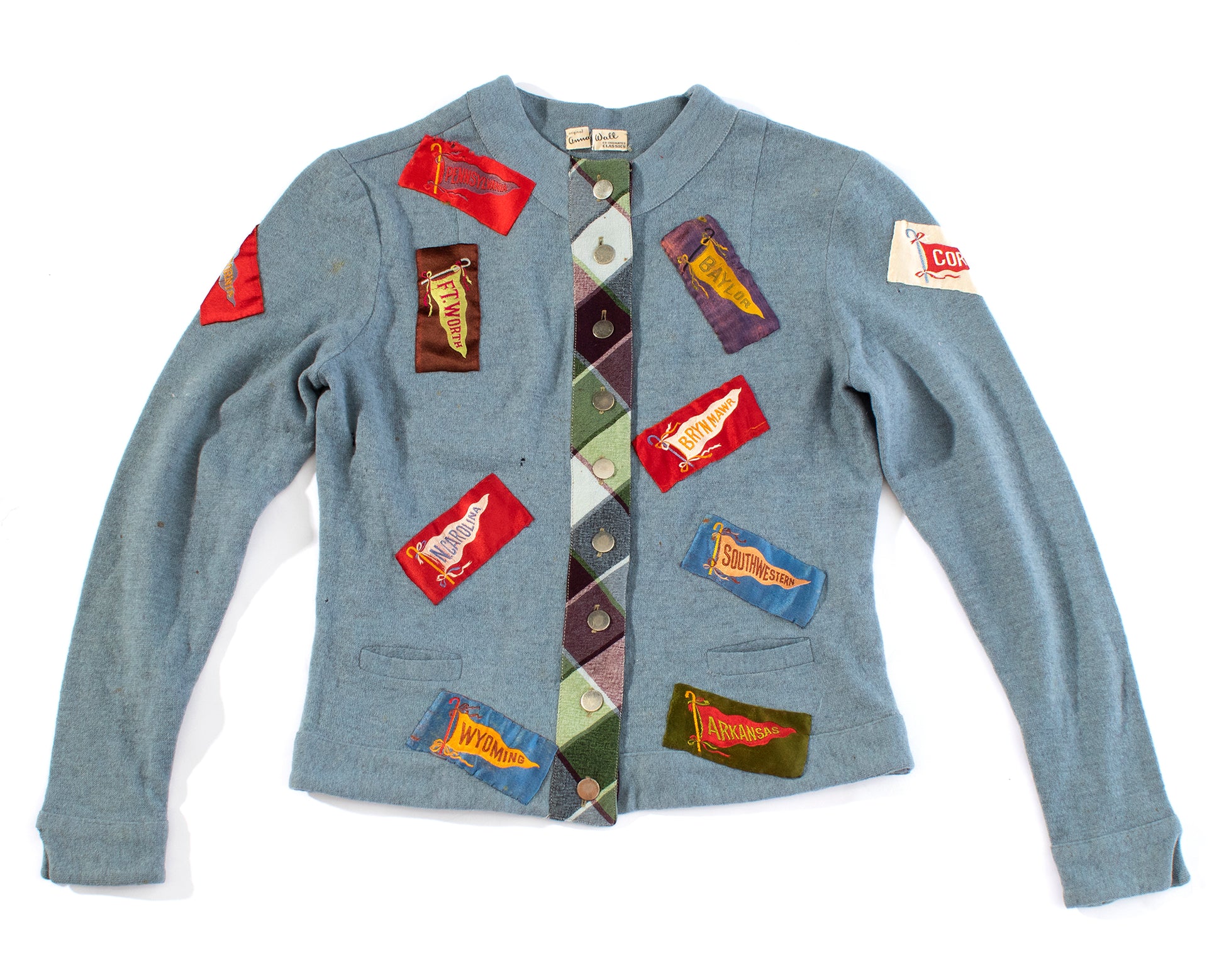 Vintage 40s 1940s Collegiate Novelty Print Appliqué Wool Blue Cardigan Birthday Life Vintage