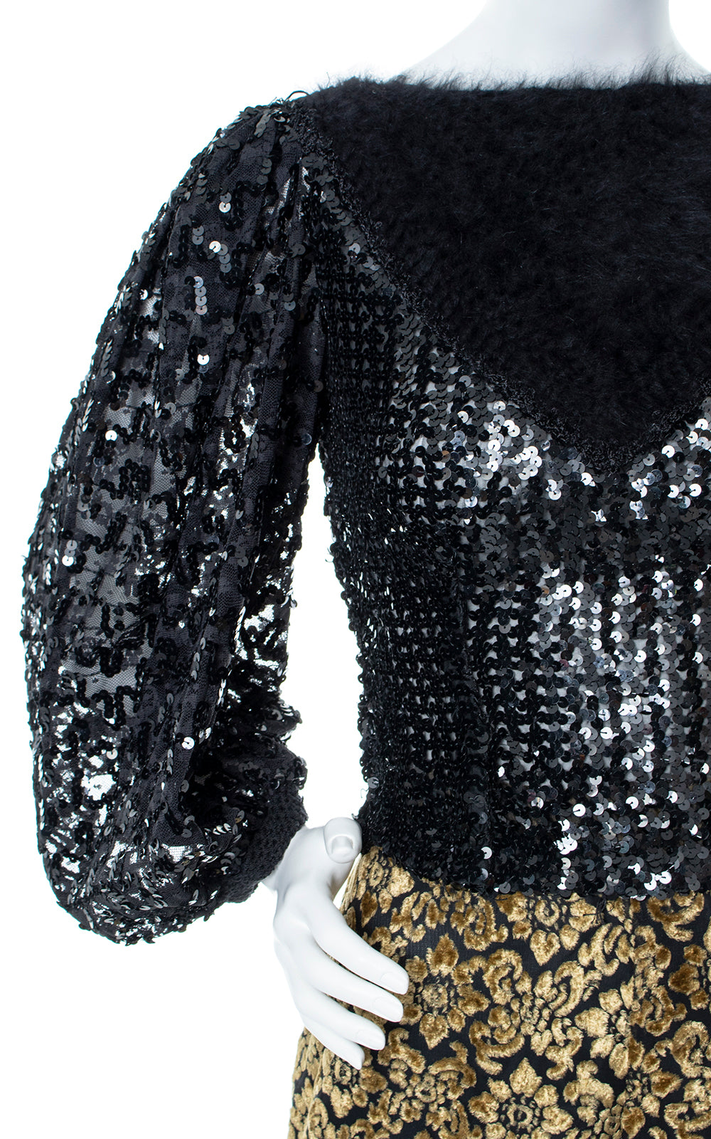 1970s 1980s Black Sequin & Angora Balloon Sleeve Top | small