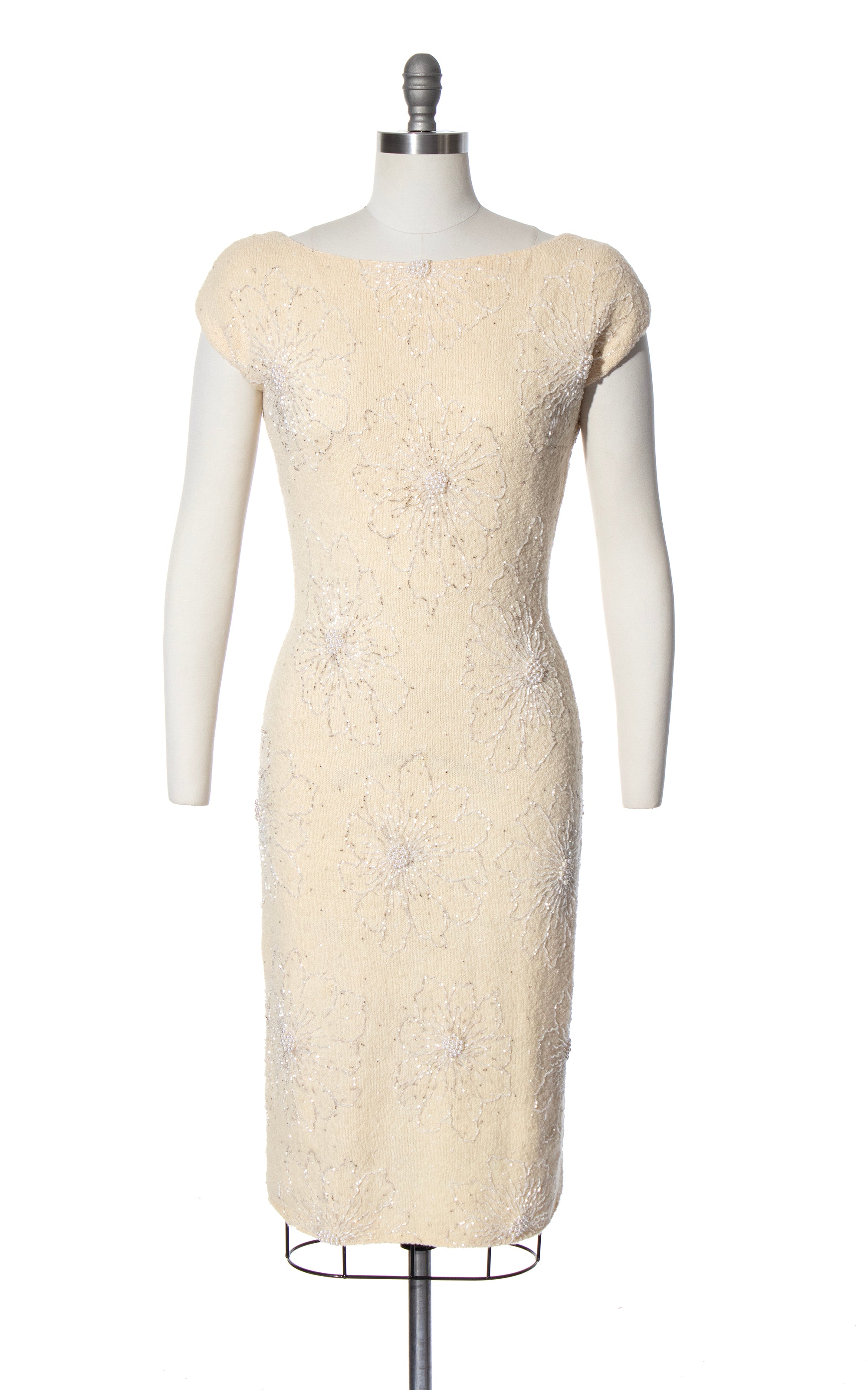 Vintage 60s outlets Floral Cream Sheath Dress