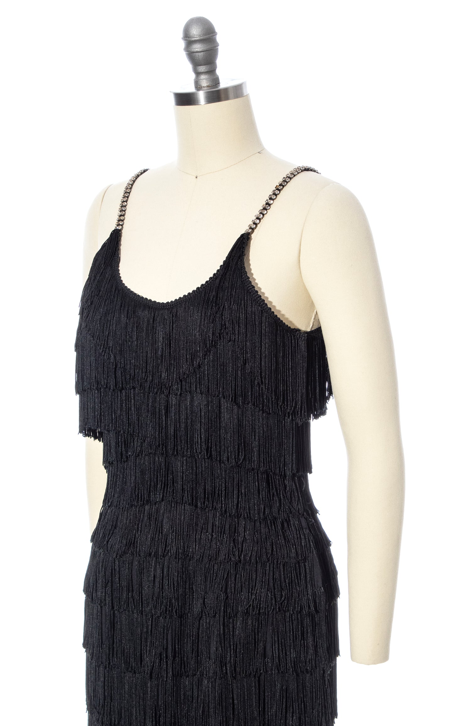 Vintage 60s 1960s Black Fringe Rhinestone Straps Party Dress Evening Gown Showgirl Maxi BirthdayLifeVintage