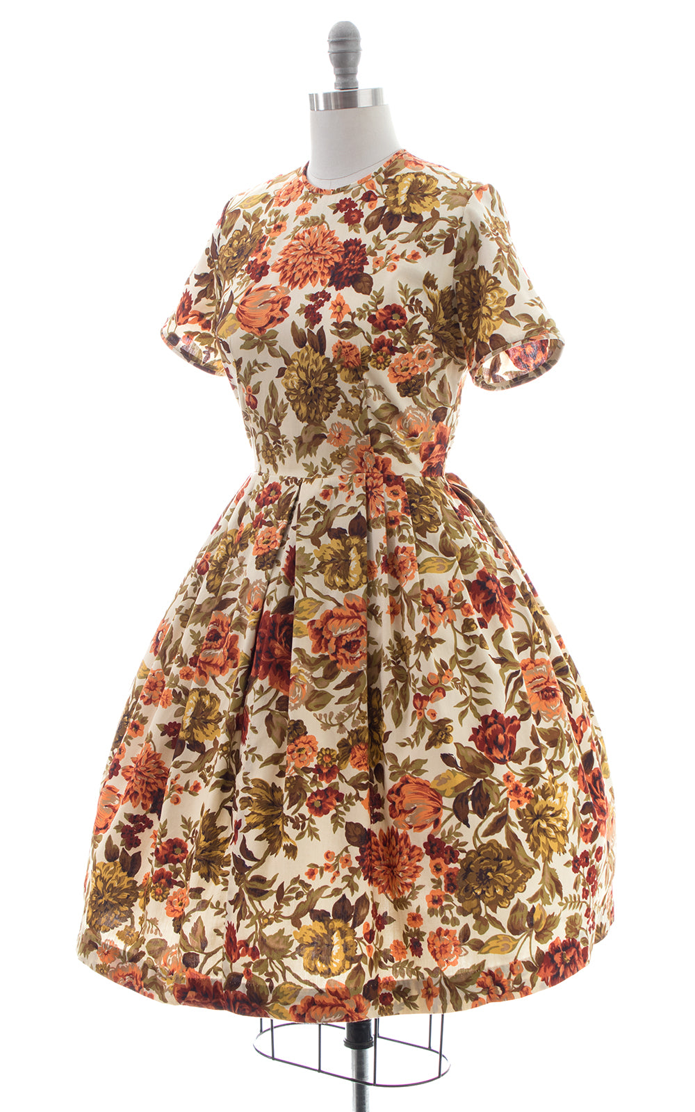 1950s Autumnal Floral Cotton Dress | medium – Birthday Life Vintage