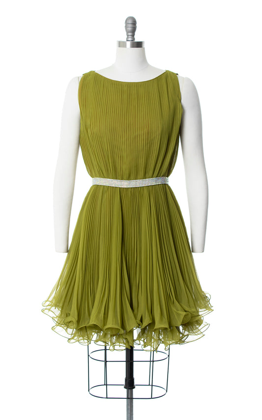 Vintage 1960s 60s Accordion Pleated Chiffon & Rhinestones Party Dress Birthday Life Vintage