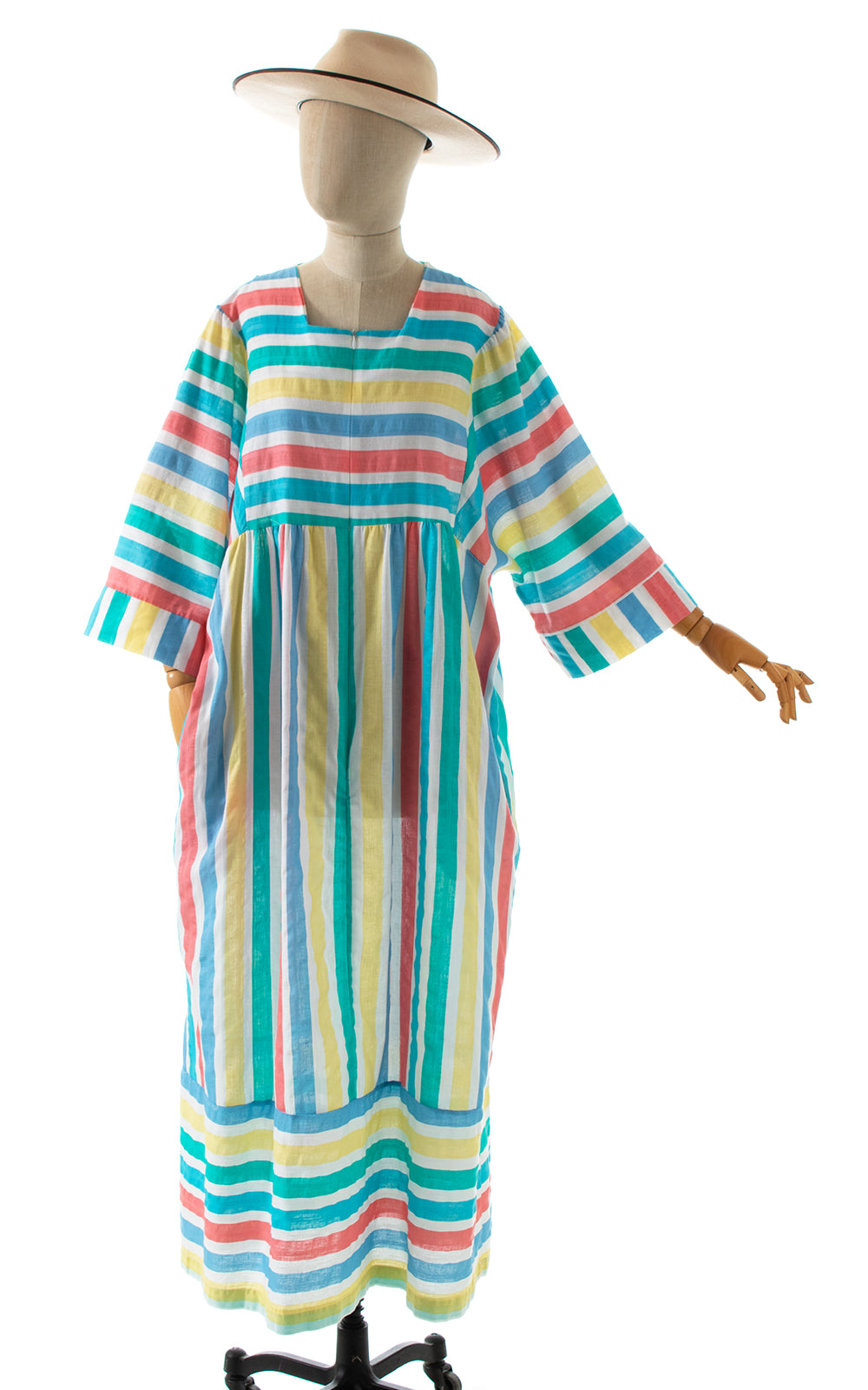 1980s Colorful Striped Wide Sleeve Maxi Dress with Pockets | x-large