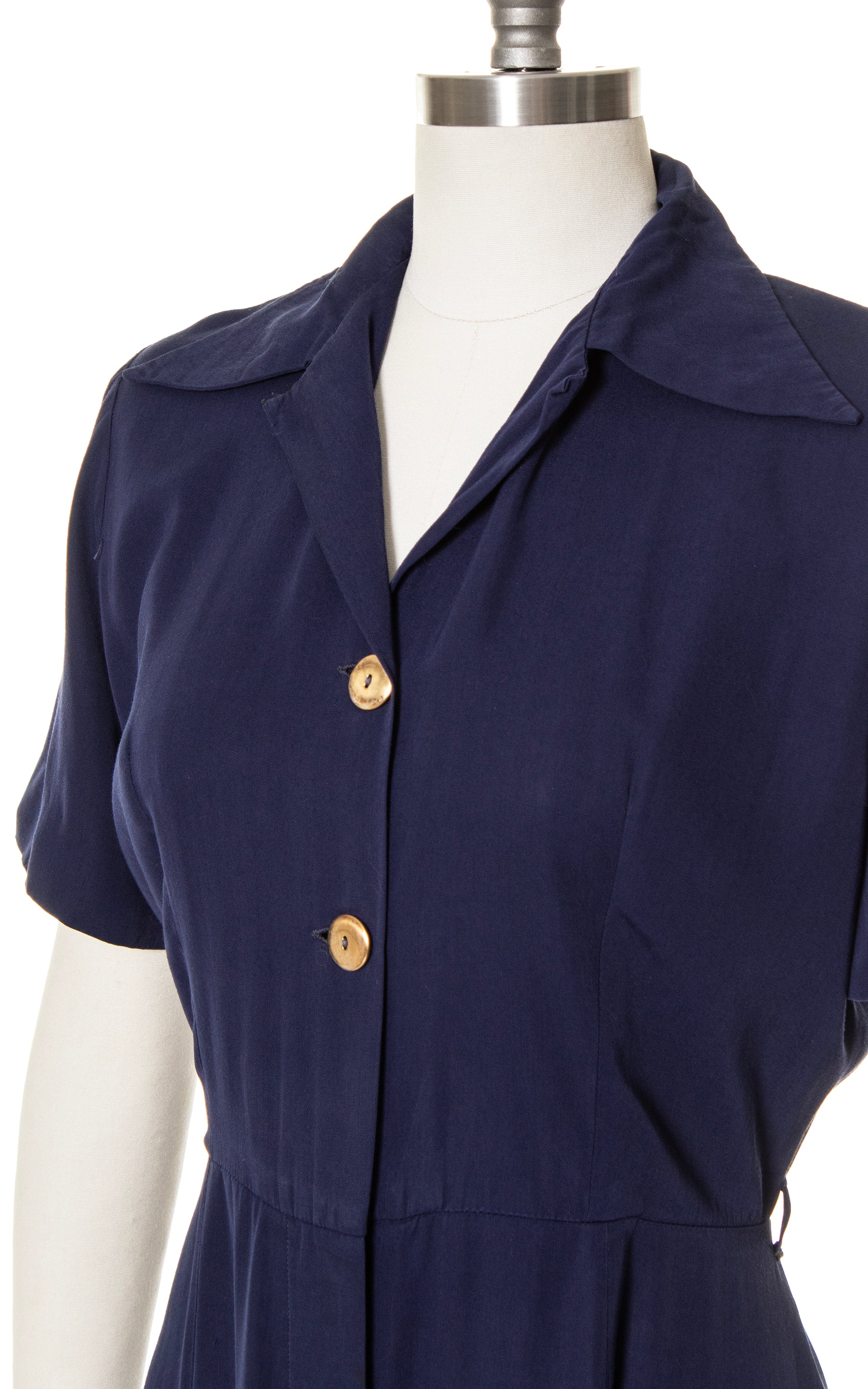 navy blue shirtwaist dress Navy Blue Shirtwaist Dress 80s Button up Midi Dress Long Puff Sleeve High Waisted Mock Neck Belted Knee Length Vintage 1980s Extra Small Xs