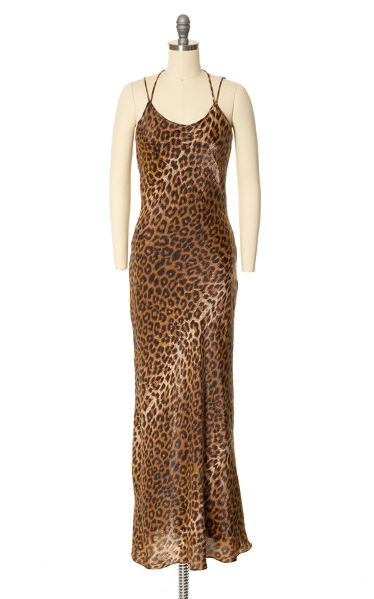 2000s Shimmery Leopard Print Bias Cut Open Back Gown | x-small/small