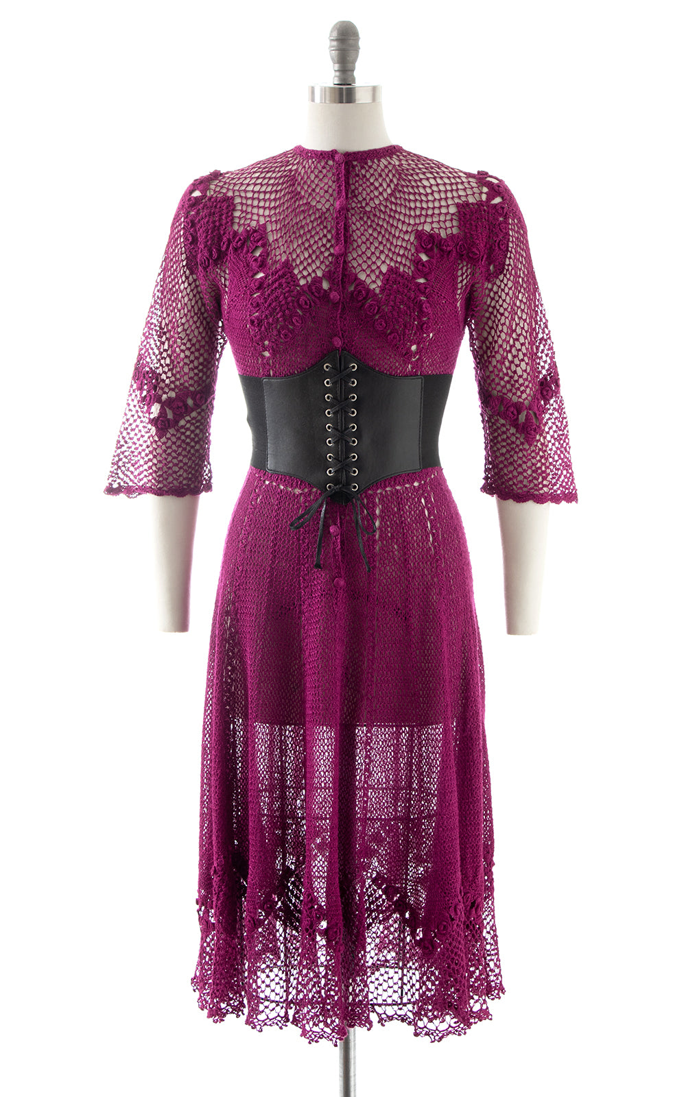 1970s Open Crochet Shirtwaist Dress | small