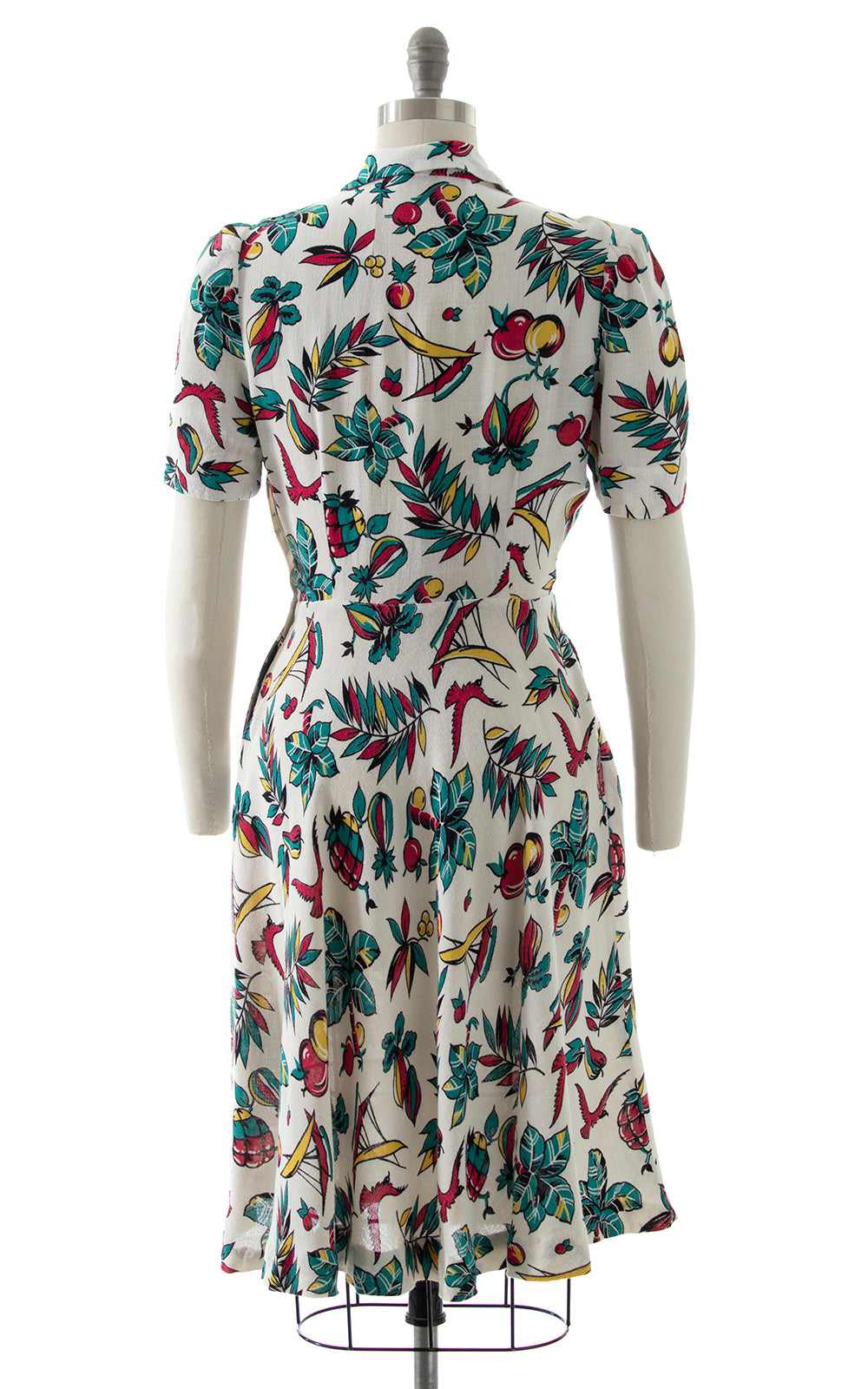 1940s Tropical Novelty Print Rayon Day Dress BirthdayLifeVintage