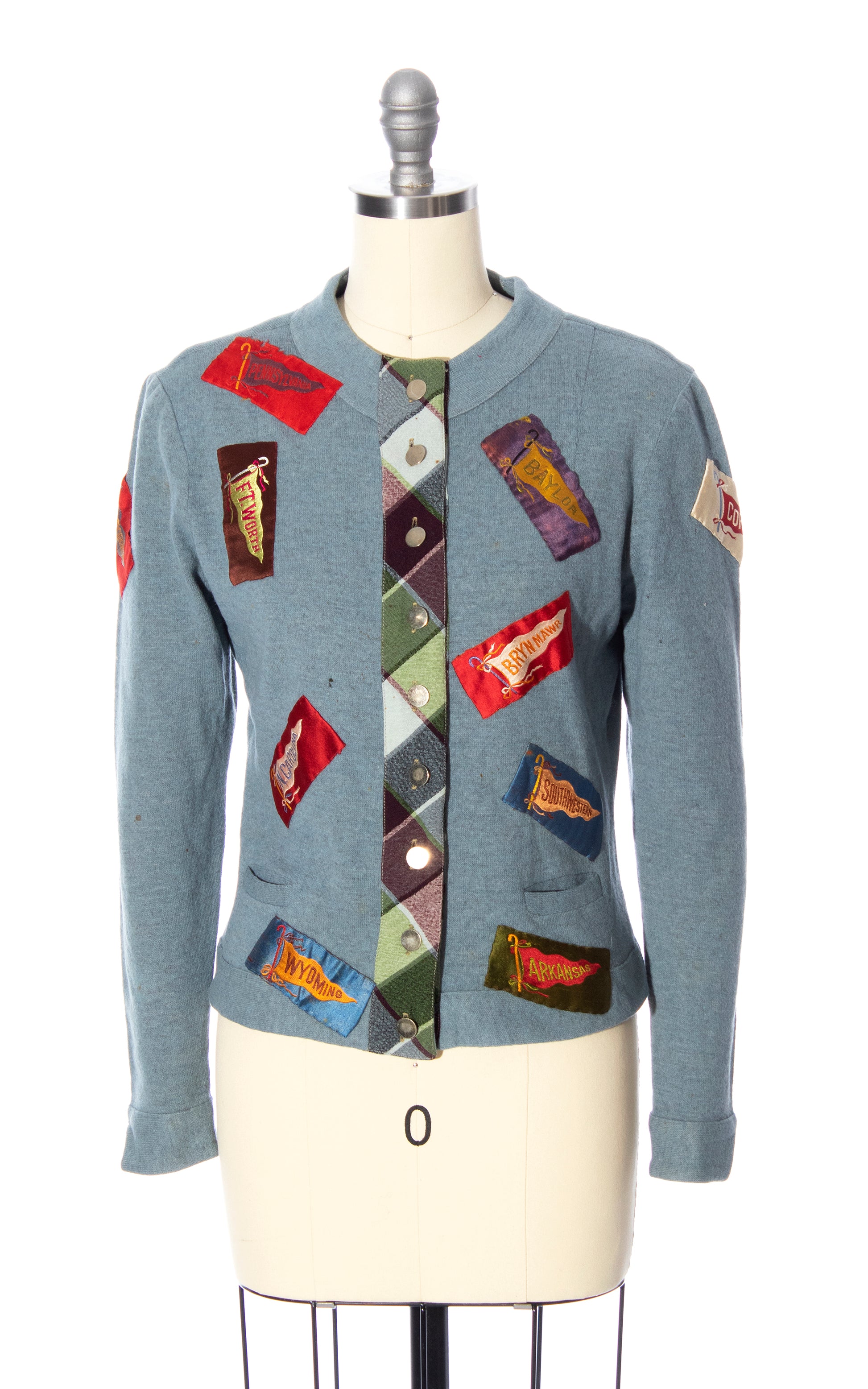 Vintage 40s 1940s Collegiate Novelty Print Appliqué Wool Blue Cardigan Birthday Life Vintage