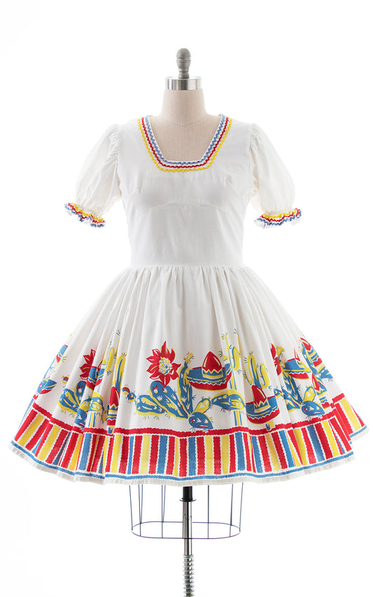 1950s Mexican Southwestern Novelty Border Print Dress | large/x-large