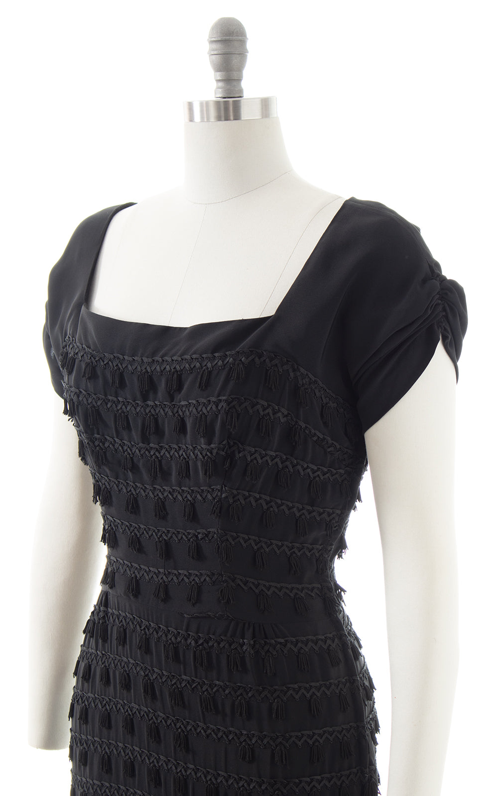 1940s 1950s Black Rayon Tassels Party Dress | small/medium