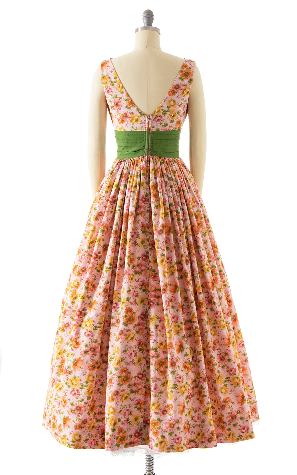 Vintage 1950s 50s Pink Floral Print Cotton Maxi Full Length Day Dress Sundress Birthday Life Vintage