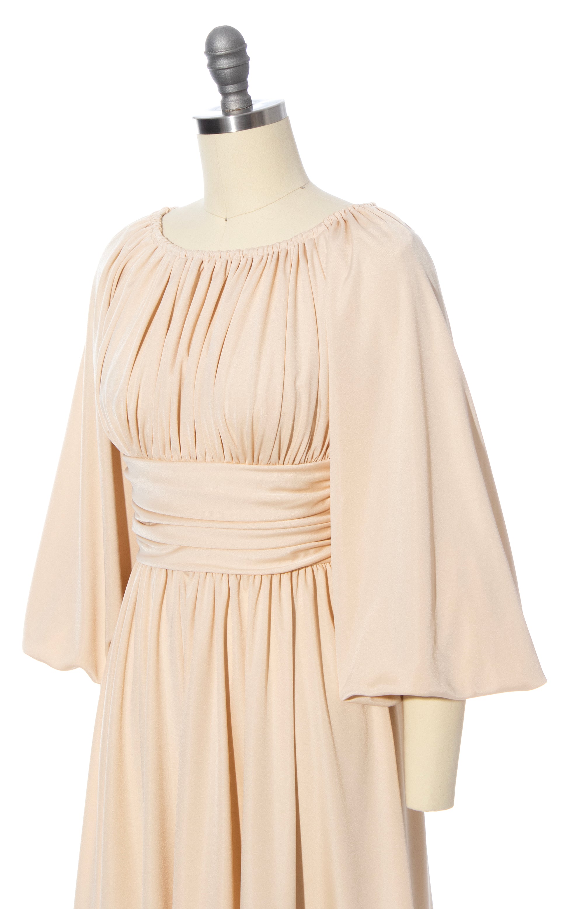 1970s Grecian Gathered Champagne Jersey Dress | x-small Birthday Life Vintage 1970s Grecian Gathered Champagne Jersey Dress | x-small Birthday Life Vintage