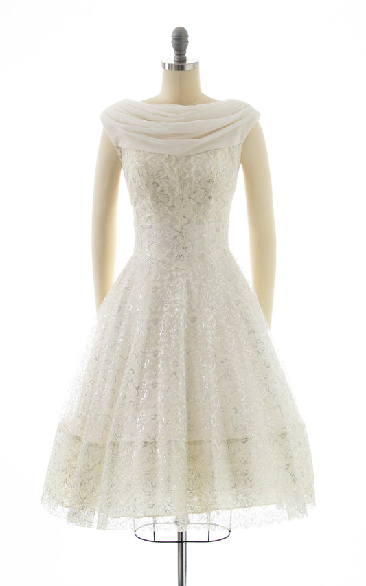 1950s White Silver Lace Chiffon Waterfall Dress | small